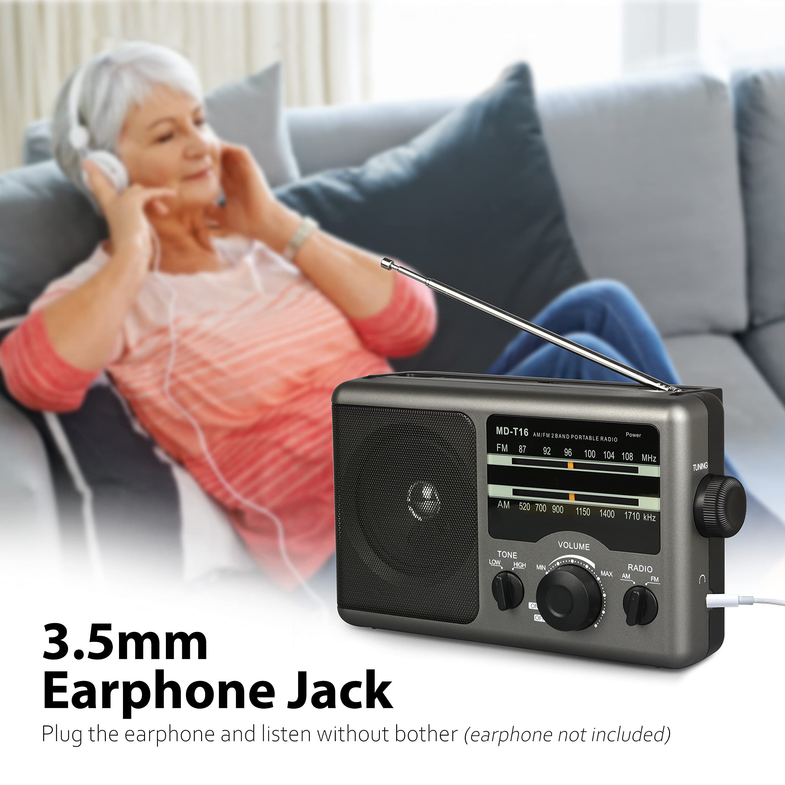 Greadio AM FM Portable Radio with 3.5mm Headphone Jack, High/Low Tone Mode, Large Speaker - Battery or AC Powered for Home, Camping, Emergency & Outdoor Use