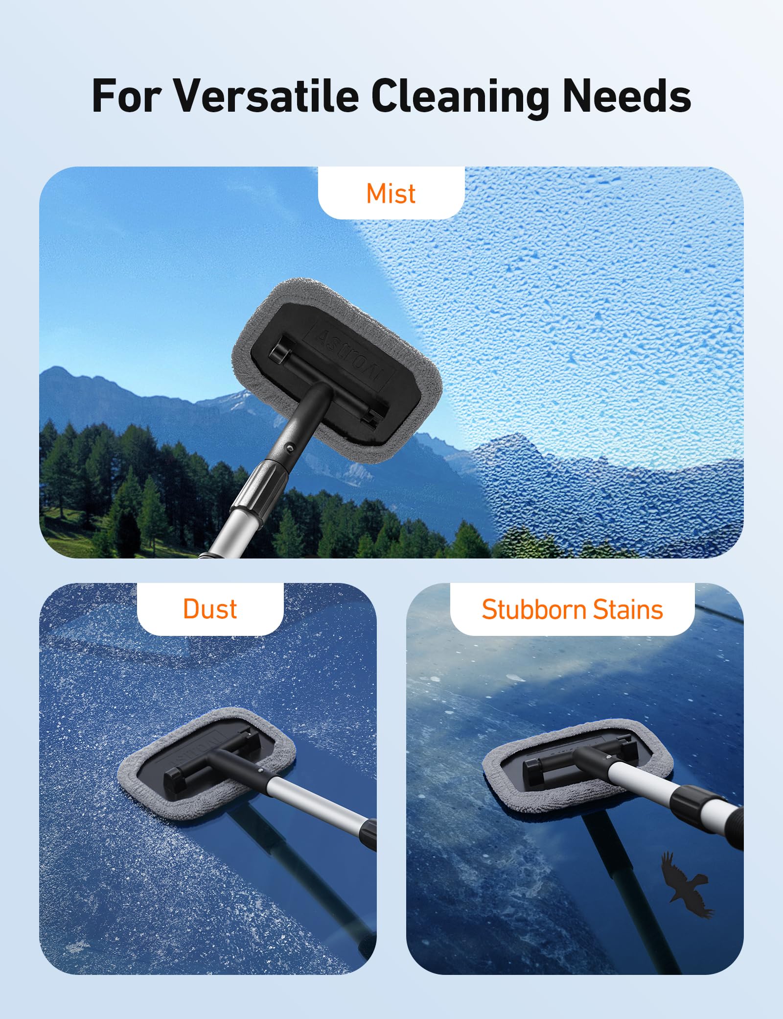 AstroAI Windshield Cleaner Kit - 4 Reusable Washable Microfiber Pads with Extendable Handle for Car Windows Cleaning - Perfect for Auto Glass, Home Windows and Mirrors