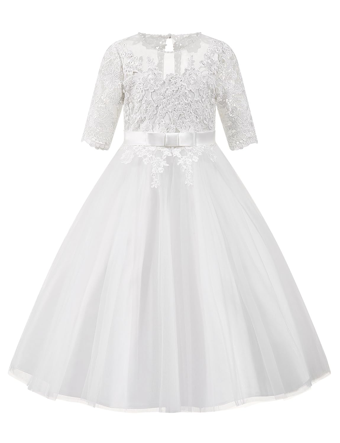 PLUVIOPHILY Champagne Tulle Flower Girl Dress - Ivory Lace Short Sleeves Communion Christening Gown for Weddings & Special Occasions | Perfect for Church Ceremonies, Baptisms & First Communions