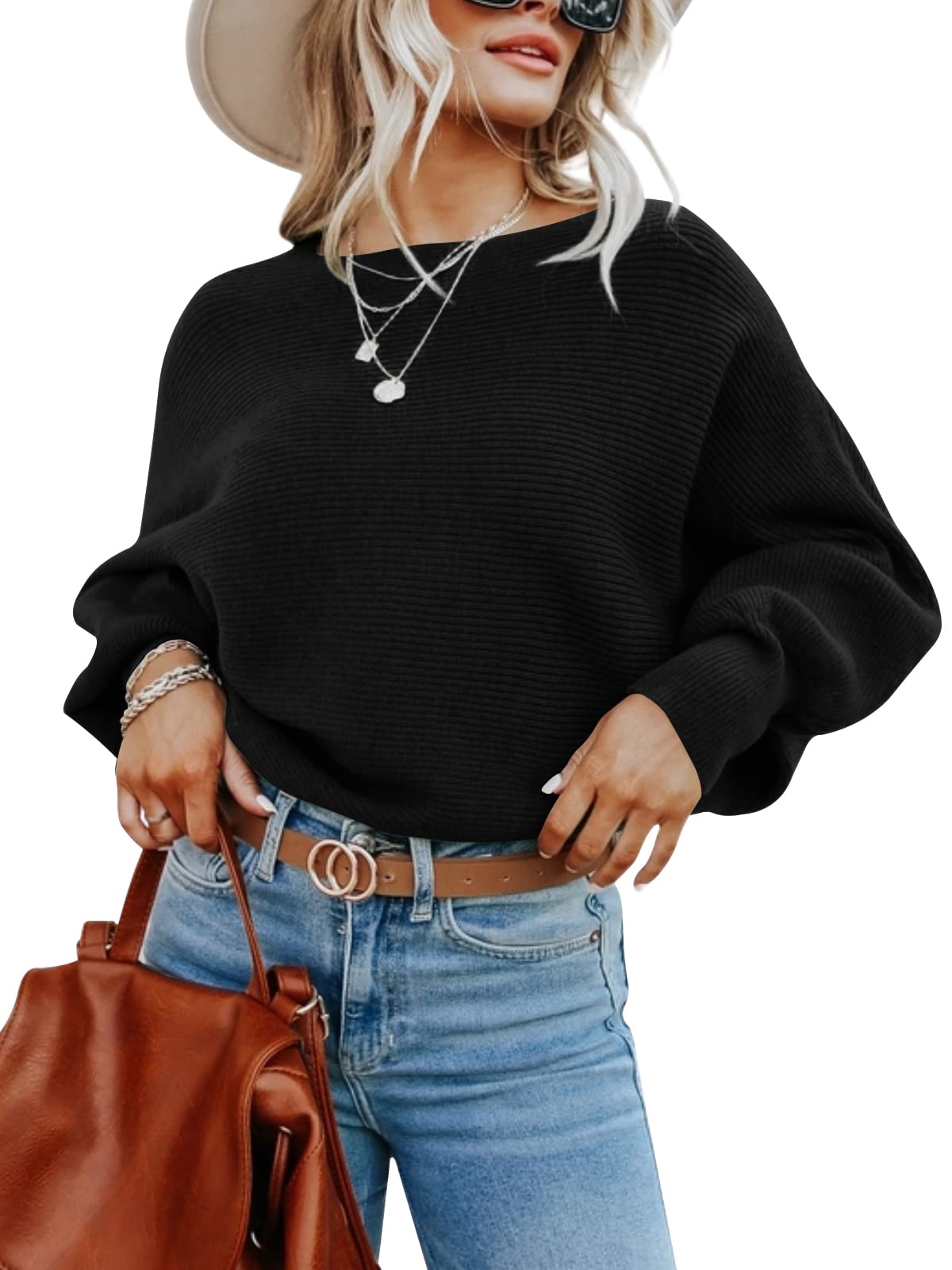 Imily Bela Women's 2022 Fall Sweater - Long Balloon Sleeve Boat Neck Knit Pullover Jumper for Casual Wear, Office Outfits & Autumn Fashion