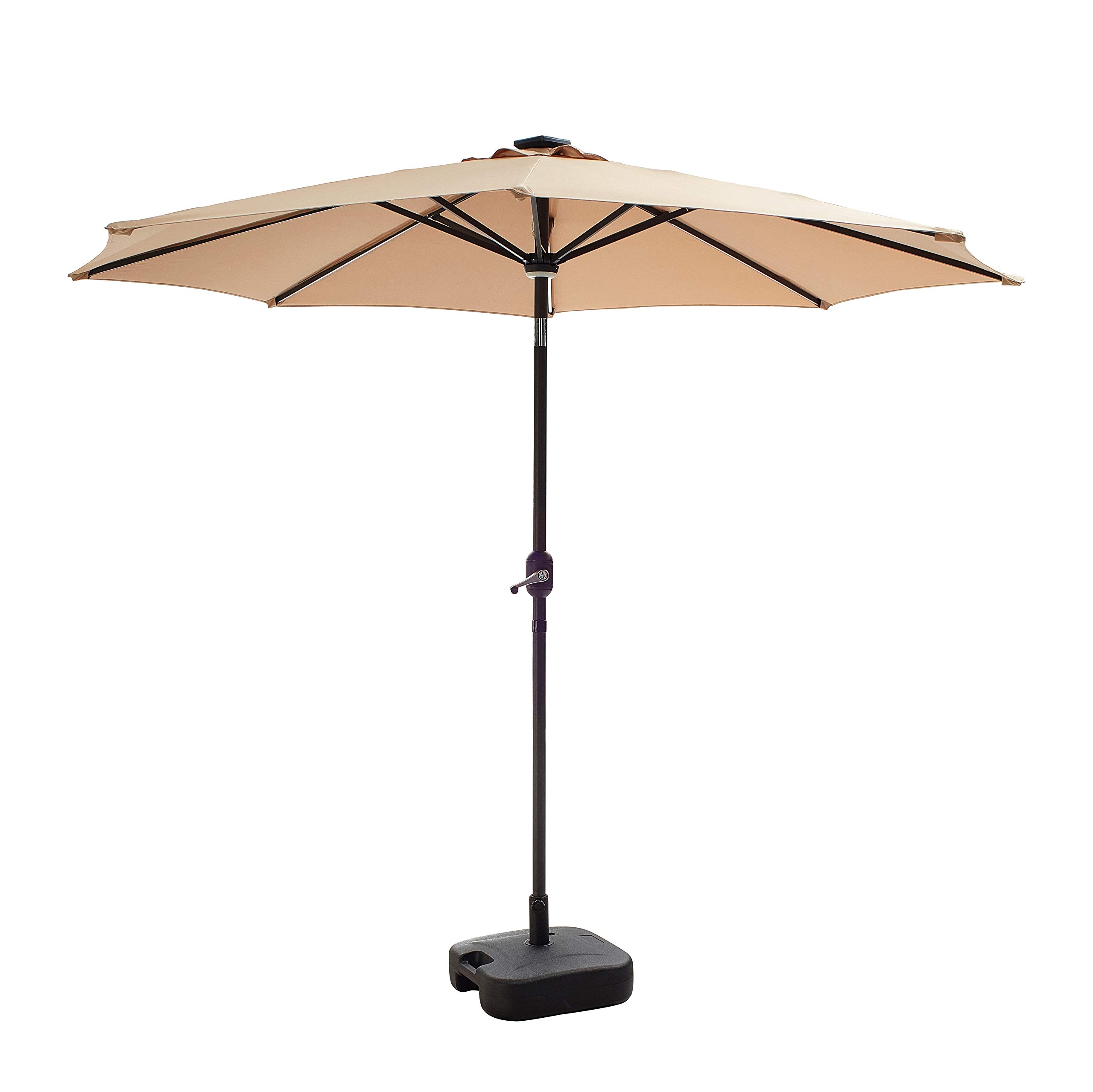 LOKATSE HOME 8.8FT Outdoor Solar Powered LED Umbrella Lights with 8 LED Bars & 24L Fillable Plastic Base - Khaki Color for Patio, Garden, and Backyard Decor