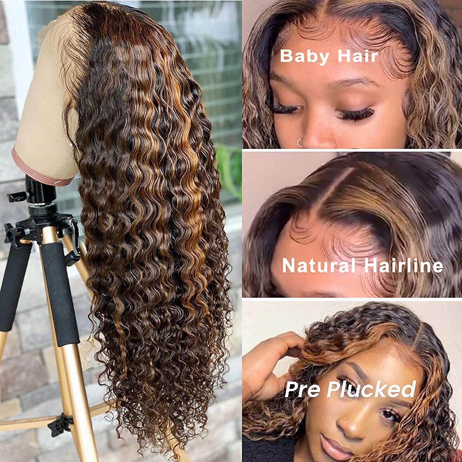 BLY Highlight Human Hair Lace Front Wigs 30 Inch Deep Wave #4/27 Ombre - Glueless Pre-Plucked 4x4 Transparent Lace Wig with 180% Density - Honey Blonde Curly Water Wave for Daily Wear, Parties & Special Occasions