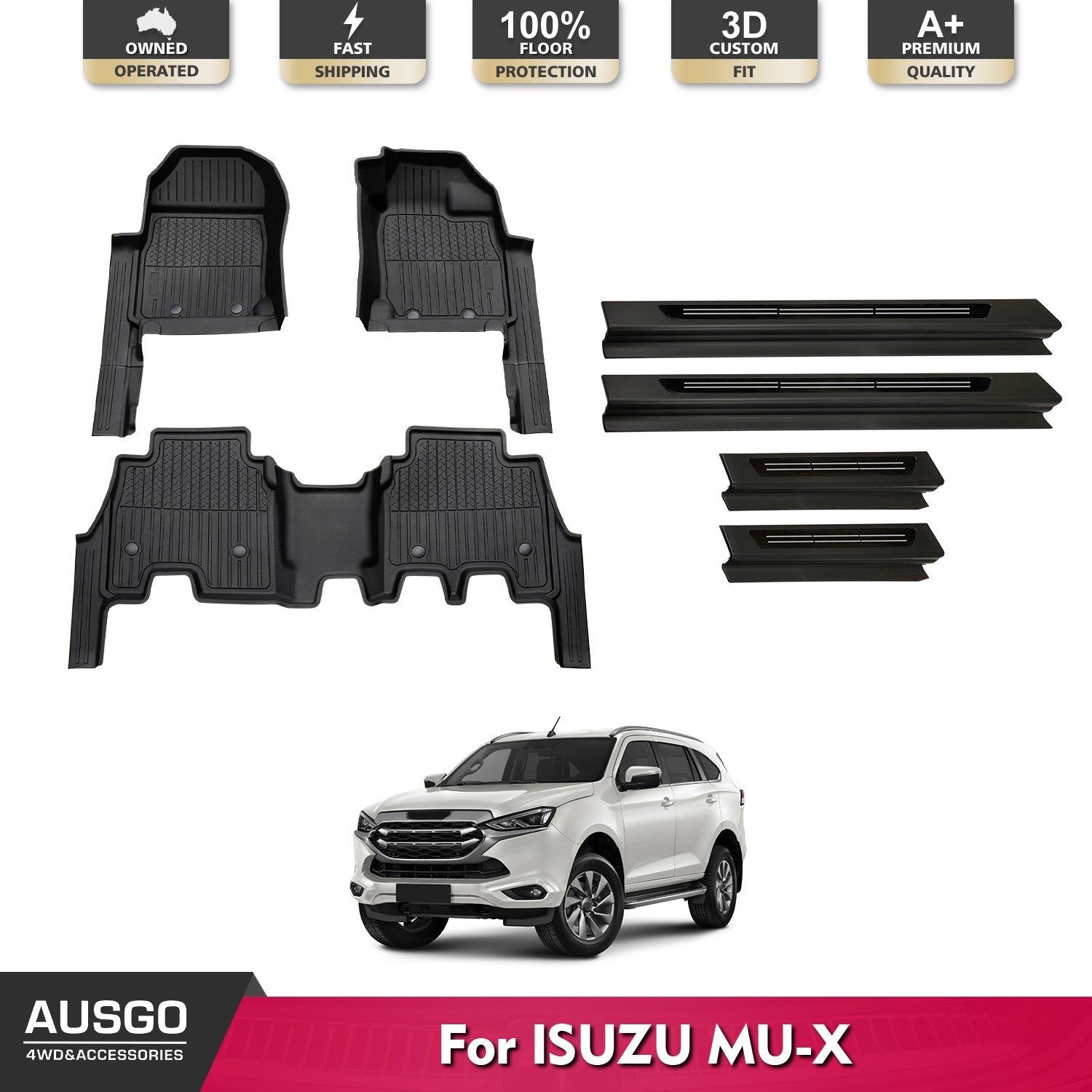 Premium 7D Injection Floor Mats & Black Door Sill Protector for ISUZU MUX MU-X 2021-2023 - All-Weather Protection, Custom Fit, Durable Car Accessories for Off-Road & Daily Driving