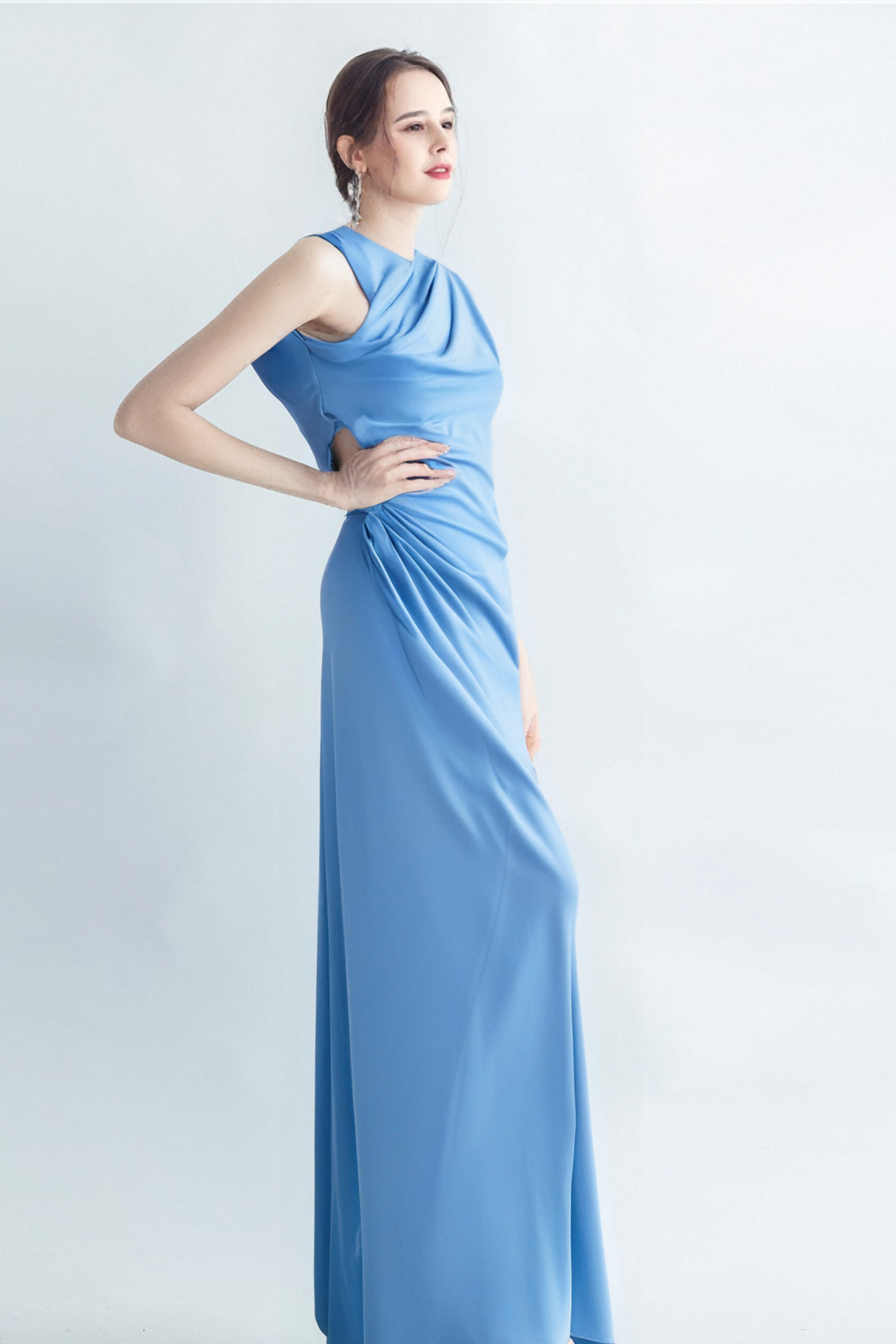 Elegant CASI SIDE SLIT DRAPED JERSEY GOWN in Blue - Perfect for Evening Parties, Weddings & Special Occasions