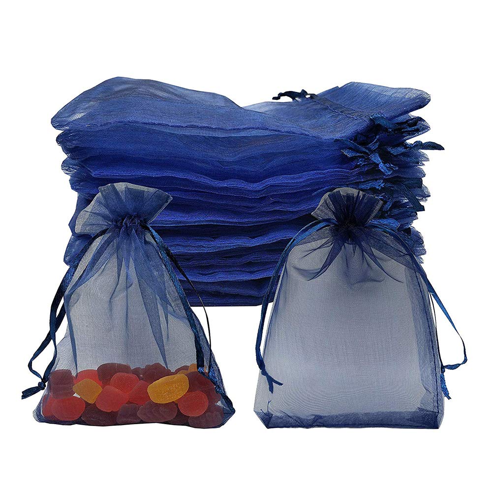Stratalife 100-Pack 5X7 Navy Blue Sheer Organza Drawstring Bags - Wedding Favor Pouches, Jewelry Storage, Party Gift Bags for Bridal Showers, Baby Showers & Birthday Celebrations