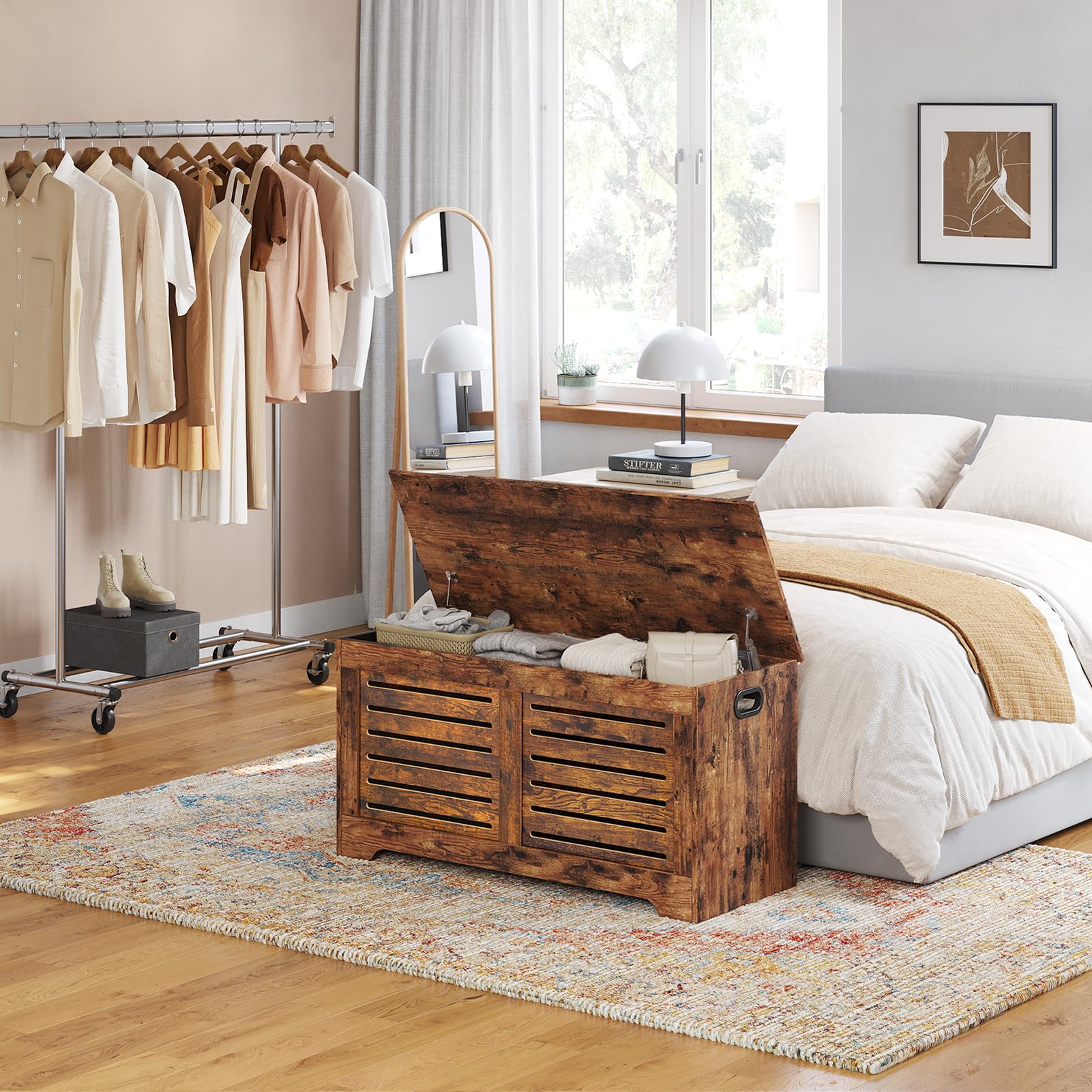 DINZI LVJ Flip-Top Wooden Storage Chest - Rustic Brown Toy Box with Safety Hinges | Entryway Shoe Bench & Living Room Storage Trunk | Easy Assembly for Bedroom, Nursery & Playroom Organization
