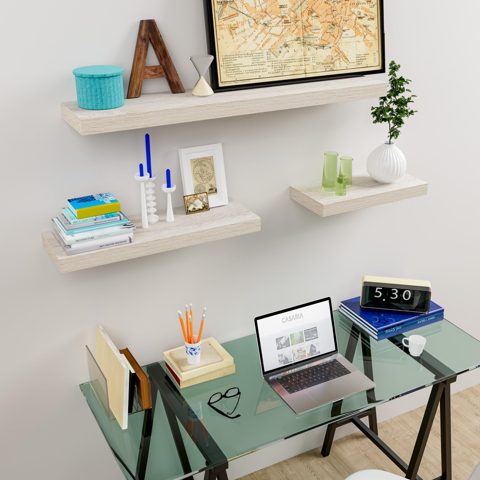 CASARIA® Set of 2 Floating Shelves 50cm x 23cm - Matt Grey MDF Wall Shelves with Hidden Brackets | 38mm Thick, 15kg Load Capacity | Perfect for Living Room, Kitchen, Bedroom & Office Storage & Decor