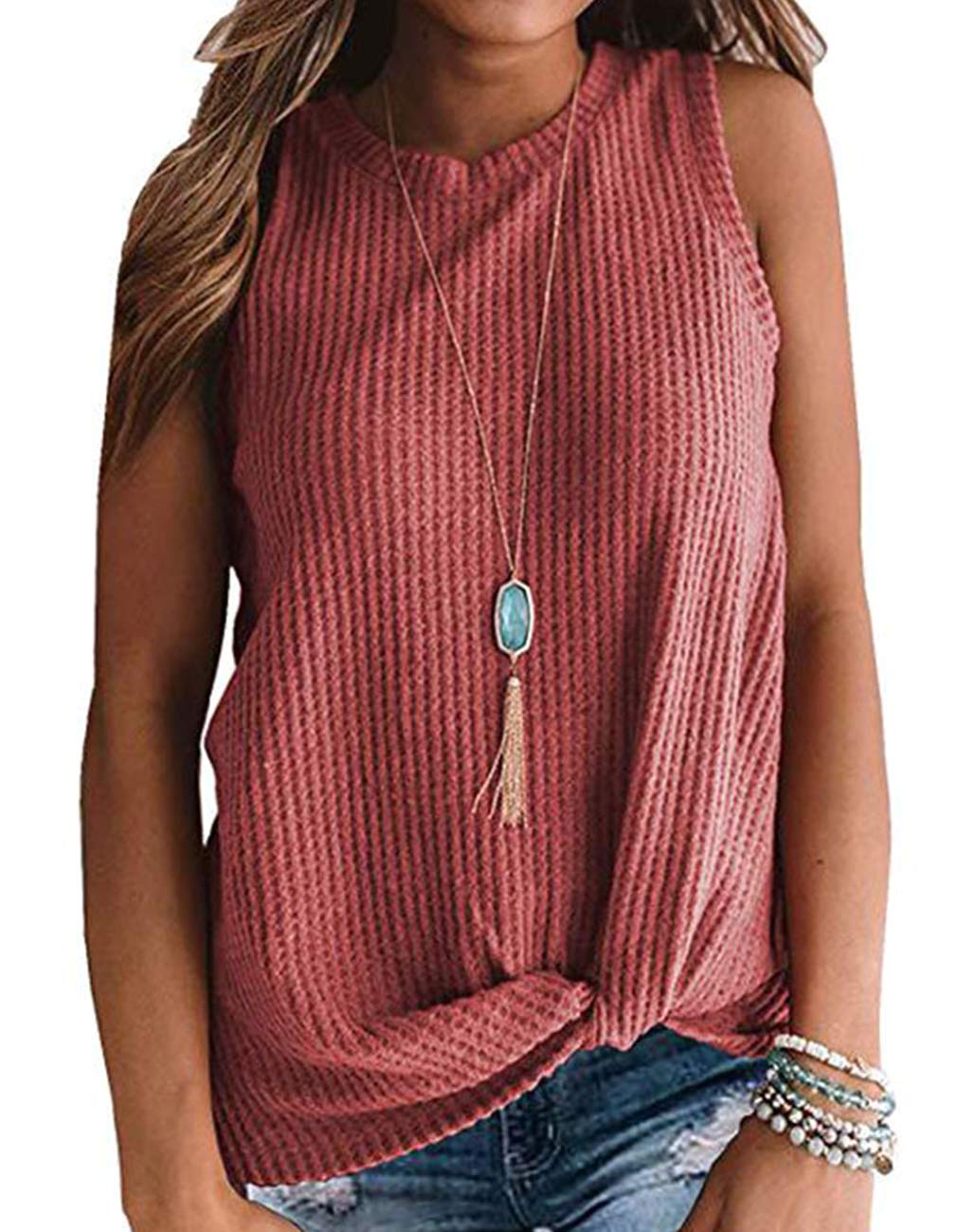 Women's Summer Sleeveless Twist Knot Tank Top - Waffle Knit Cami Shirt Casual Blouse (Small, Brick Red) | Perfect for Beach Outings, Vacation Wear & Everyday Summer Fashion