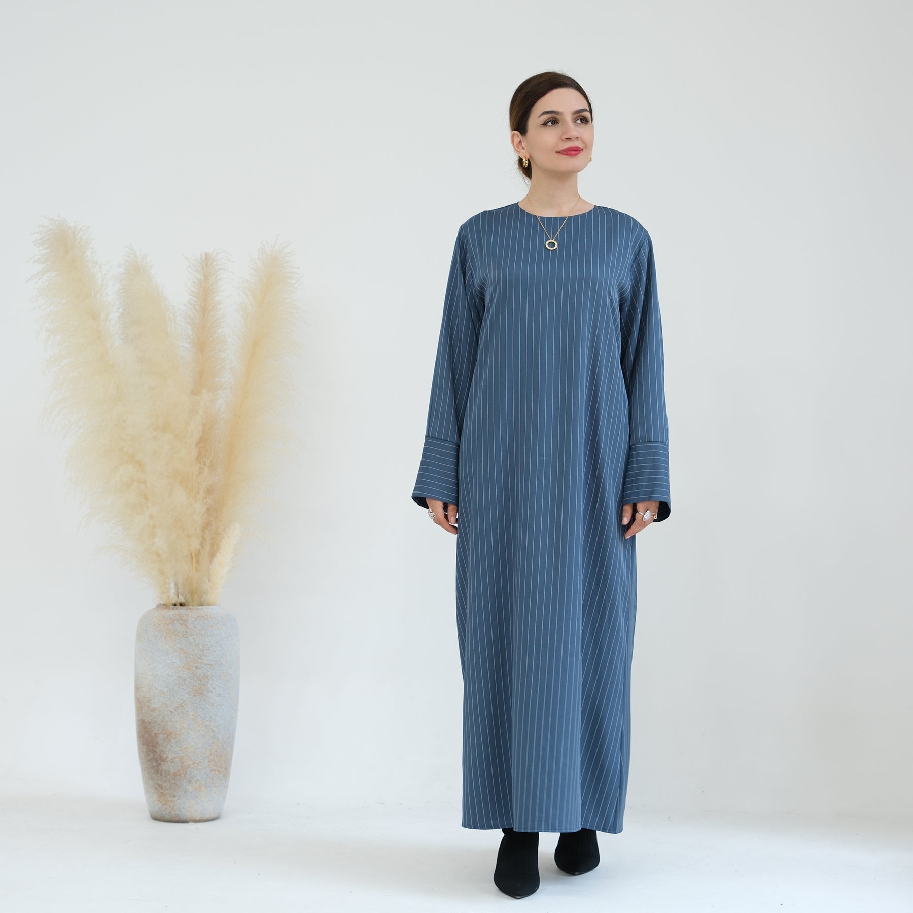 Janine Stripe Long Sleeve Belted Maxi Dress for Women - Flowy Blue Midi Dress with Belt, Elegant Casual & Party Wear, Perfect for Weddings, Date Nights and Summer Outings