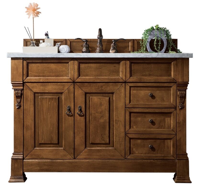Brookfield 48 Inch Single Bathroom Vanity Set - Country Oak Finish with 3CM Carrara Marble Countertop | Perfect for Master Bath, Guest Bath & Powder Room Remodeling