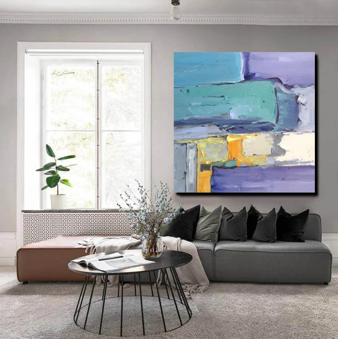 Hand Painted Blue Abstract Modern Canvas Painting - Acrylic Wall Art for Living Room Decor | Contemporary Home & Office Wall Decor