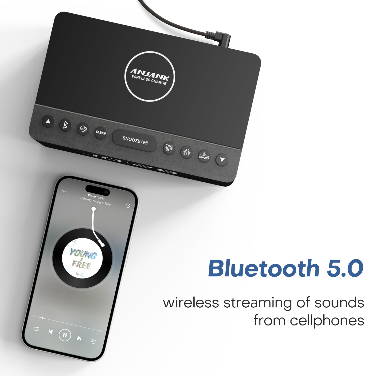 ANJANK Wooden Bluetooth Speaker Alarm Clock with FM Radio, Wireless Charging for iPhone & Samsung, USB Port, Dimmable Display, Sleep Timer - Digital Wooden Bedside Clock for Bedroom, Office, Nightstand (Gift Idea for Music Lovers)