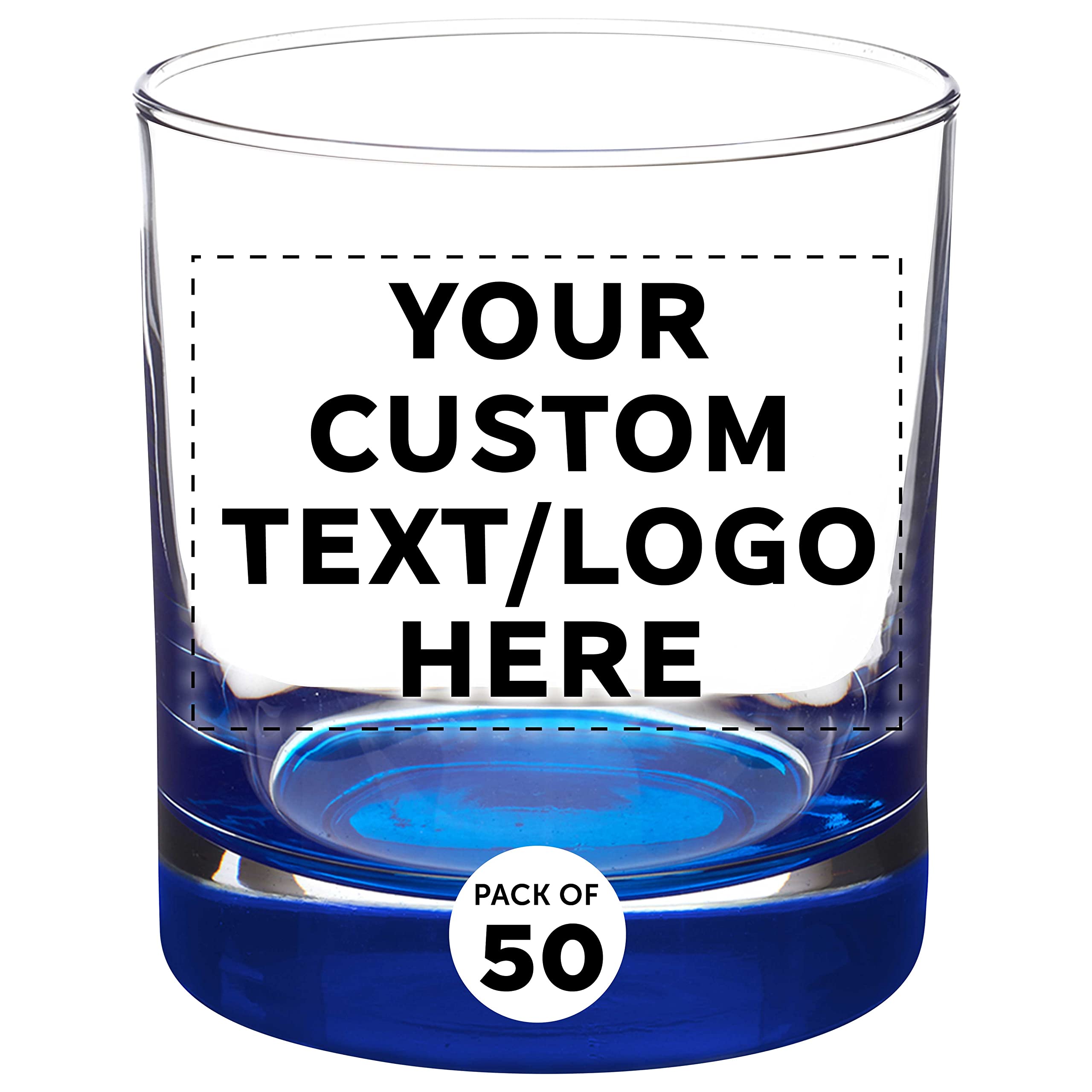 Custom Engraved Whiskey Glasses Set of 50 - 10 oz Heavy Base Old Fashioned Bar Glasses by Libbey | Bulk Pack for Scotch, Bourbon, Cocktails & Whiskey Drinking | Perfect for Bars, Weddings, Corporate Gifts & Home Entertaining (Blue)