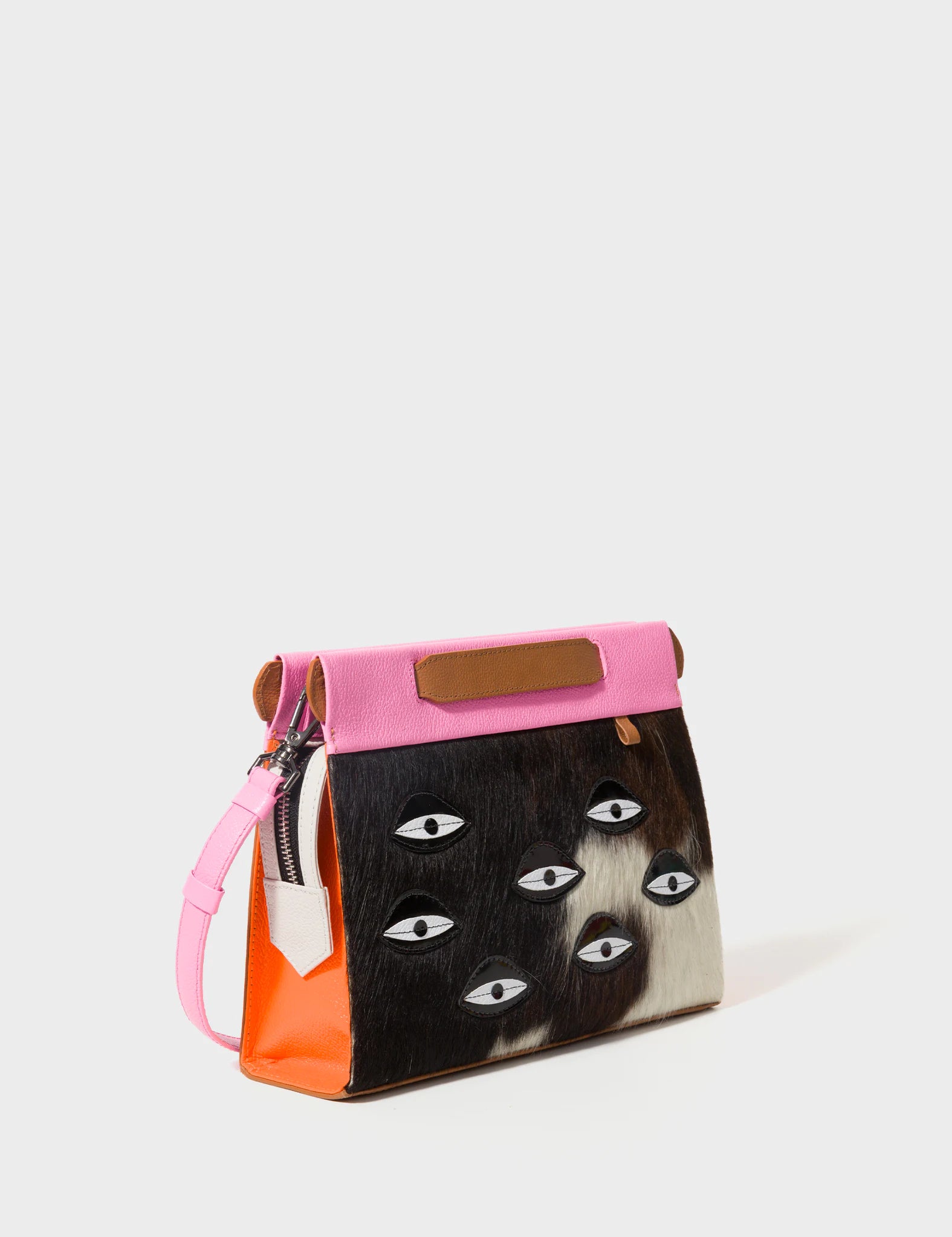 Vali Crossbody Small Bubblegum Pink & Neon Orange Leather Bag with Eyes Applique & Adjustable Handle - Stylish Women's Shoulder Purse for Daily Use, Shopping & Travel Accessories