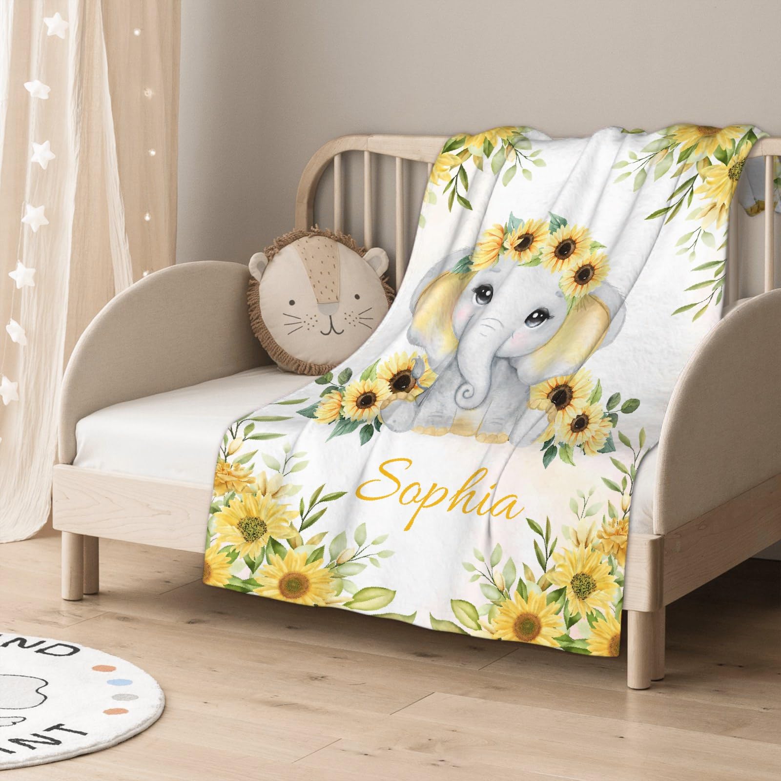 Personalized Baby Blanket with Name - Custom Sunflower Elephant Fleece Throw for Boys & Girls - Soft Cozy Plush Quilt for Nursery, Crib & Family Gifts - Perfect for Baby Showers, Birthdays & Newborn Photos