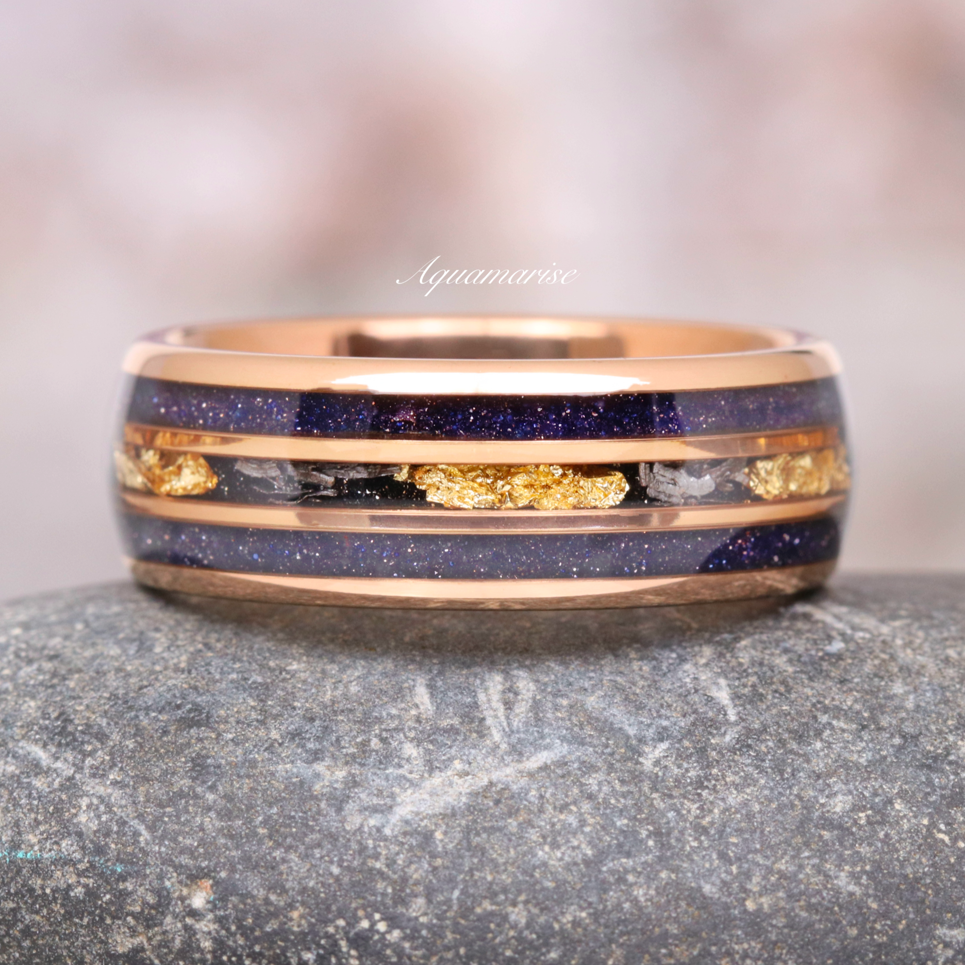 8mm Rose Gold Tungsten Wedding Band - Meteorite, Starry Night & Gold Leaf Design for Men & Women | Perfect for Anniversaries, Engagements & Special Occasions