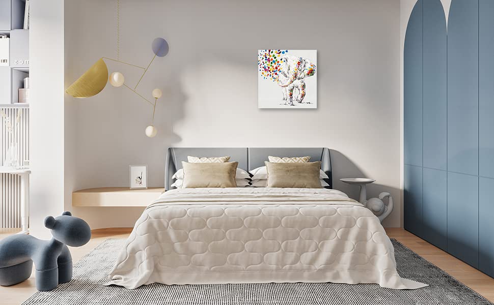 Cute Happy Elephant Canvas Wall Art - Water Spraying Elephant Print for Kids Room & Bathroom Decor - Framed Ready to Hang Poster (20