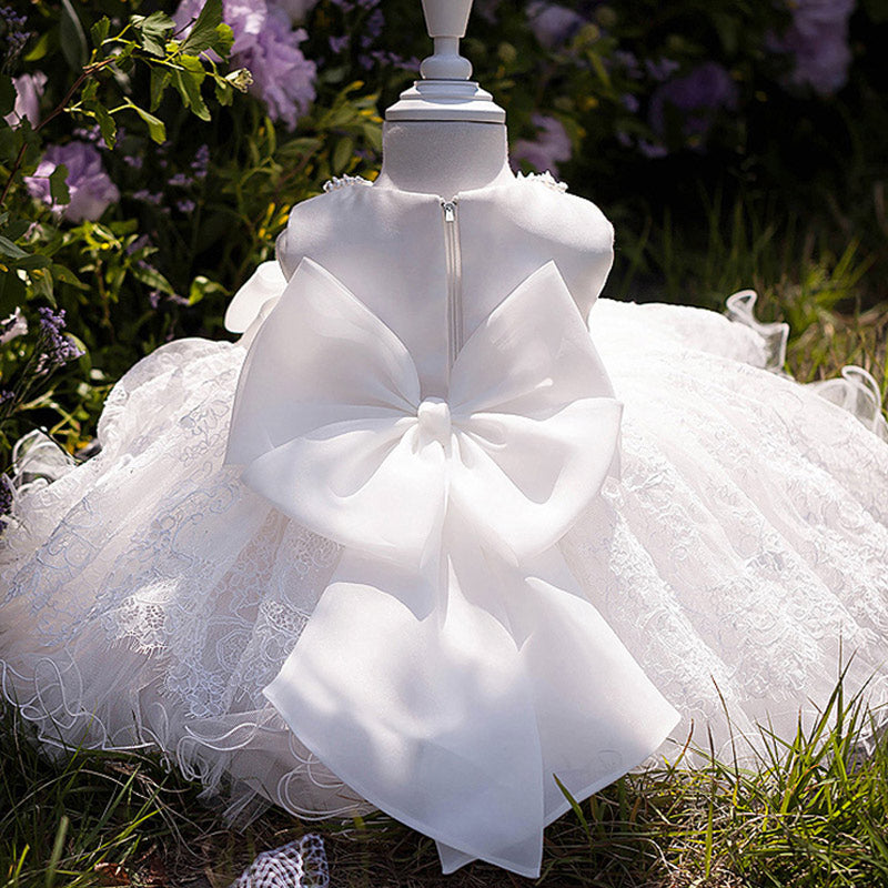 White Beaded Christening Dress for Baby Girls - Elegant Sleeveless Lace Gown for Baptism, First Communion & Special Occasions