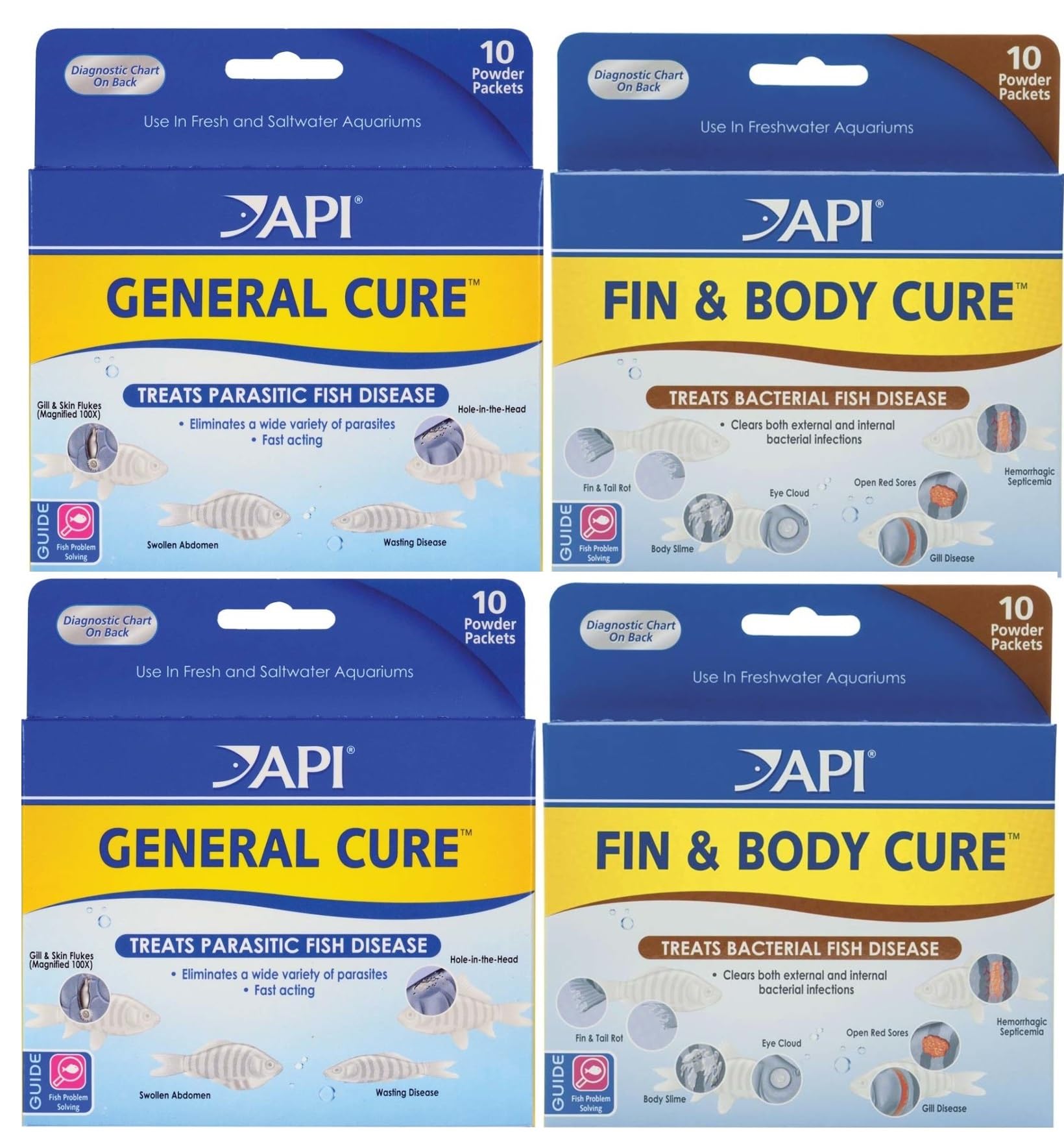 API Fin & Body Cure Medication Powder - Treats Parasitic Diseases, Velvet, Hexamita, Gill & Skin Flukes in Fish | Bacterial Fin/Tail Rot, Body Slime & Cloudy Eyes | Aquarium Fish Treatment (2 General Cure + 2 Fin Body Cure) - Ideal for Freshwater & Saltwater Tanks, Pond Fish Care