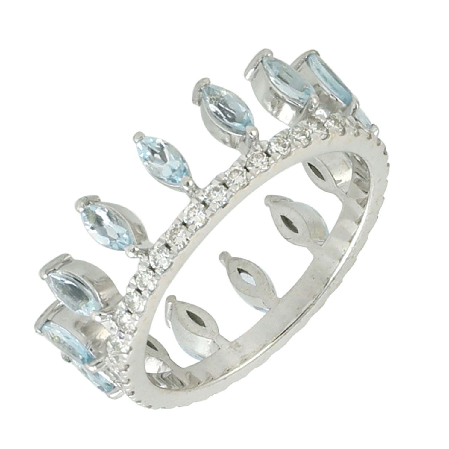 Exquisite Marquise Cut Aquamarine Pave Diamond Tiara Band Ring in 14K White Gold | Elegant Bridal Jewelry for Weddings & Special Occasions
