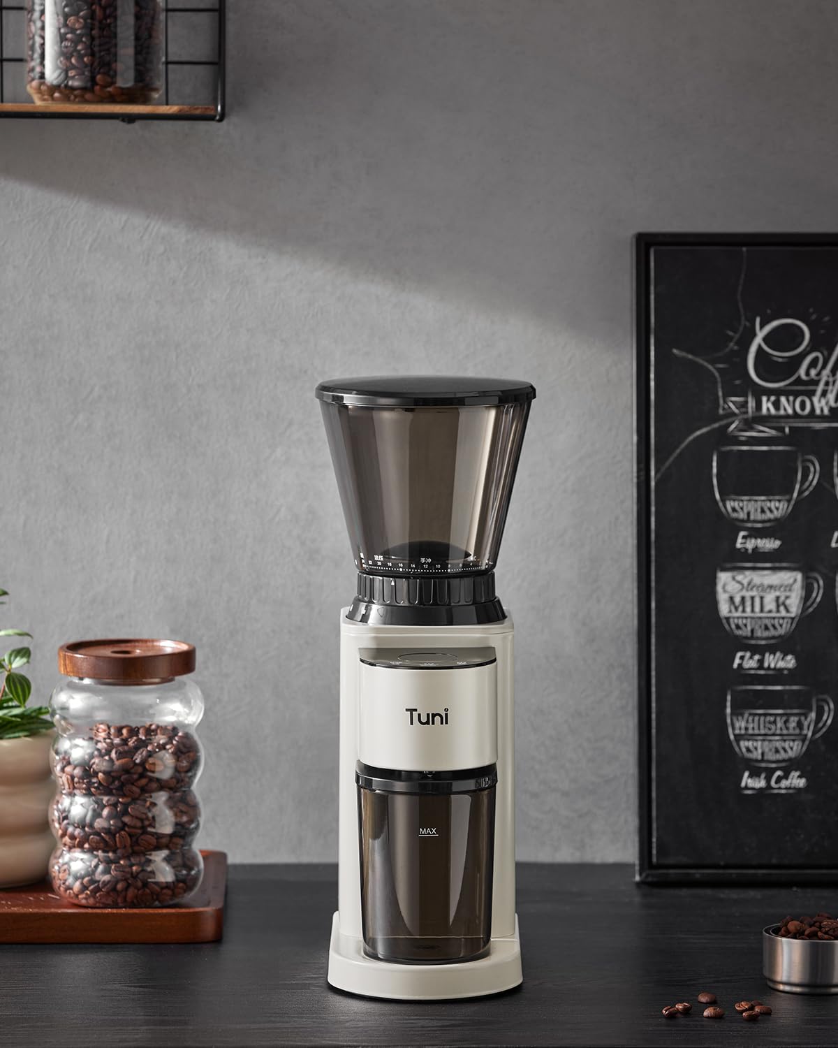 Premium Tuni Burr Coffee Grinder - Electric Touchscreen Grinder with 24 Precise Grind Settings & Digital Timer - Perfect for Espresso, French Press, Drip Coffee - Ideal for Home Baristas & Coffee Enthusiasts - Sleek White Design