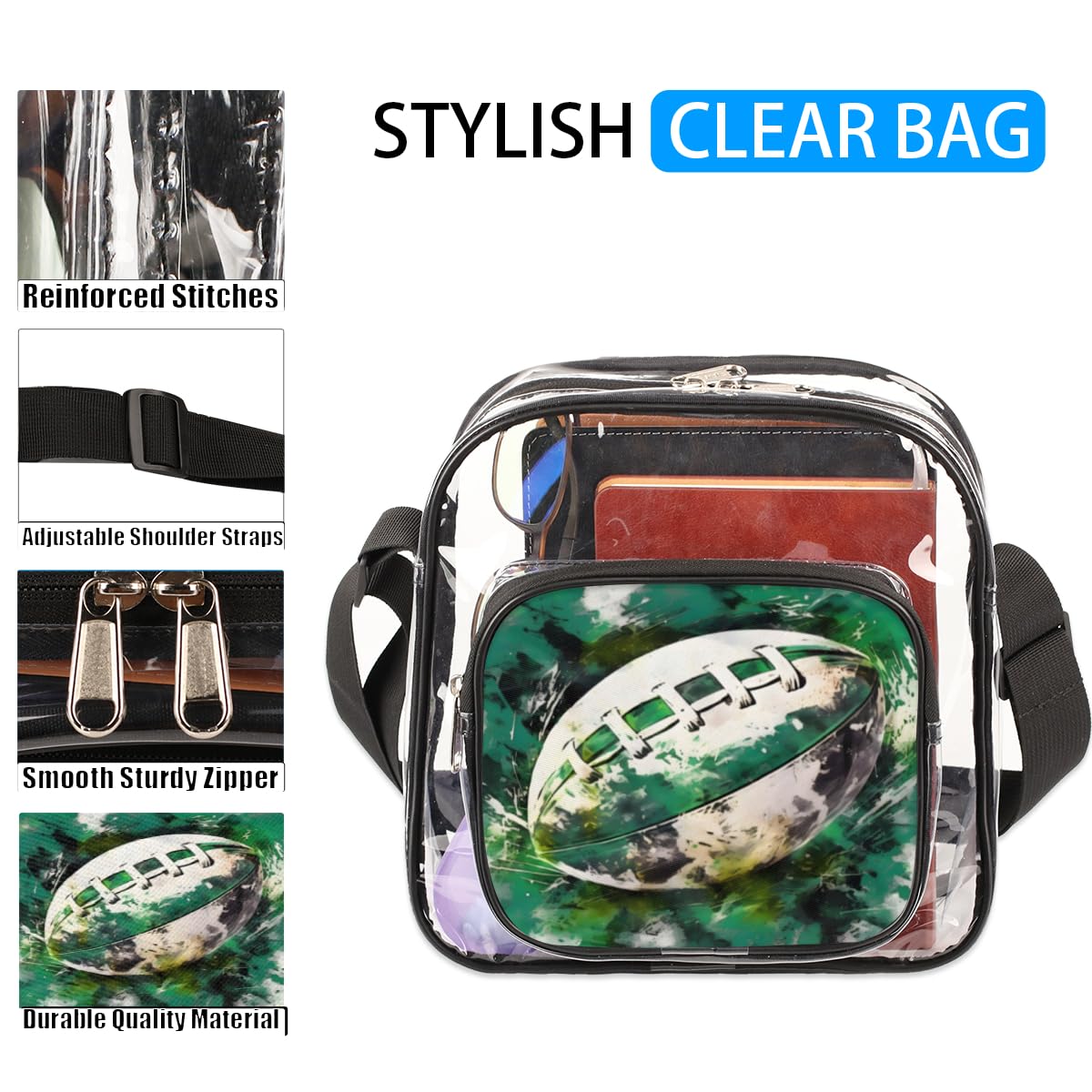 Mularoka Clear Crossbody Purse - NFL Approved Stadium Bag for Football Games, Concerts & Festivals - Transparent Shoulder Bag for Women & Men - Perfect for Sports Events, Music Shows & Security Checkpoints