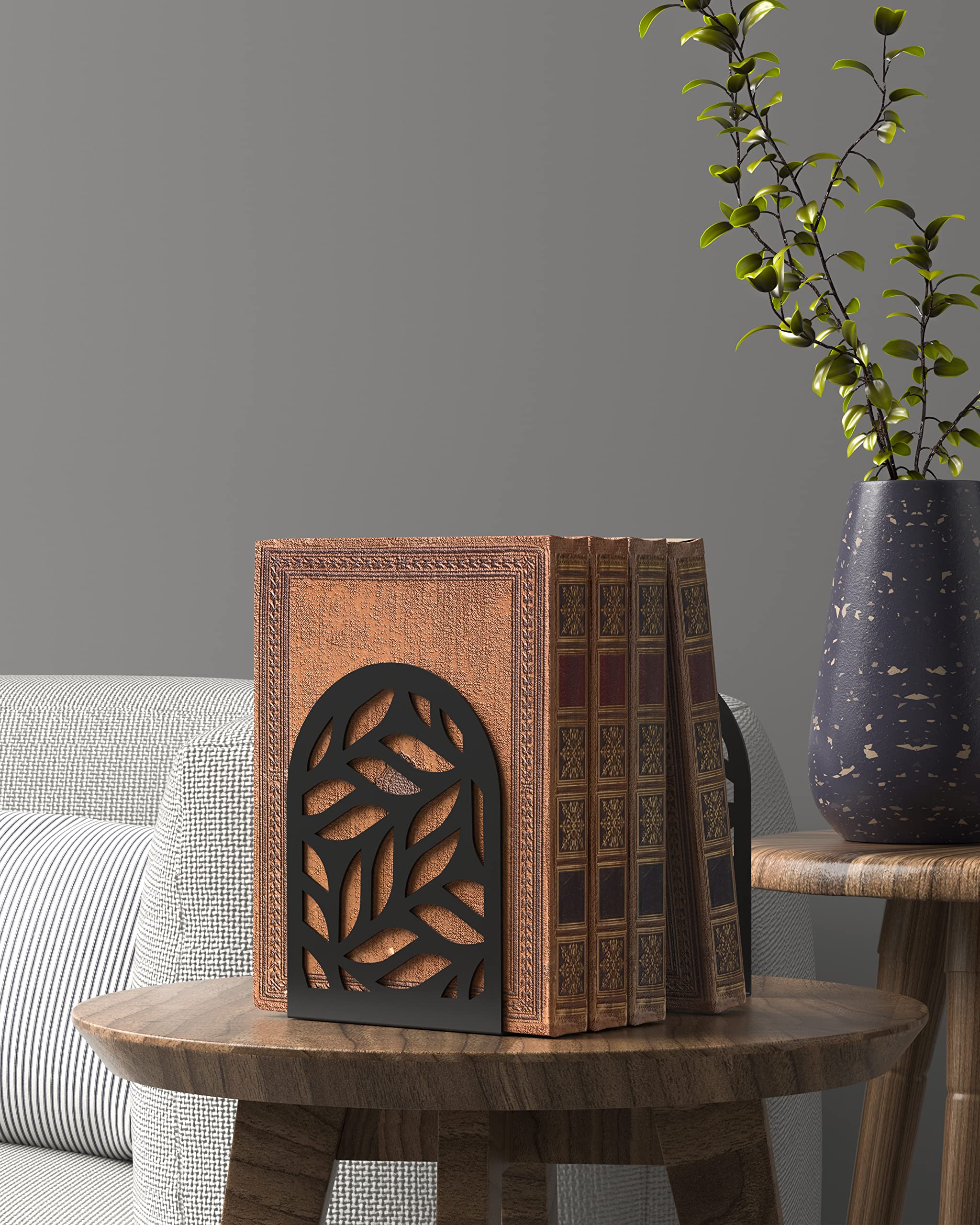 Heavy Duty Metal Bookends - Non-Skid Decorative Book Stoppers for Shelves | Holds Heavy Books Securely | Perfect for Home Office School Library Organization (Black, 1 Pair, Large) | Ideal for Bookshelves, Desks & Study Spaces