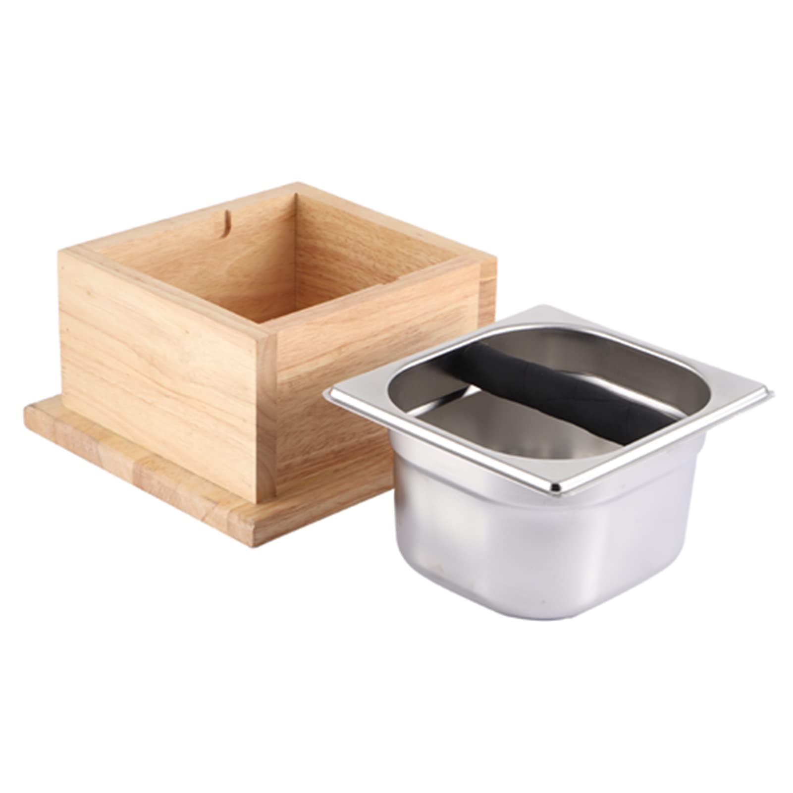 Stainless Steel Coffee Grounds Knock Box with Wooden Base - Durable Barista Tool for Espresso Grounds Disposal - Perfect for Coffee Shops, Home Brewing & Professional Baristas