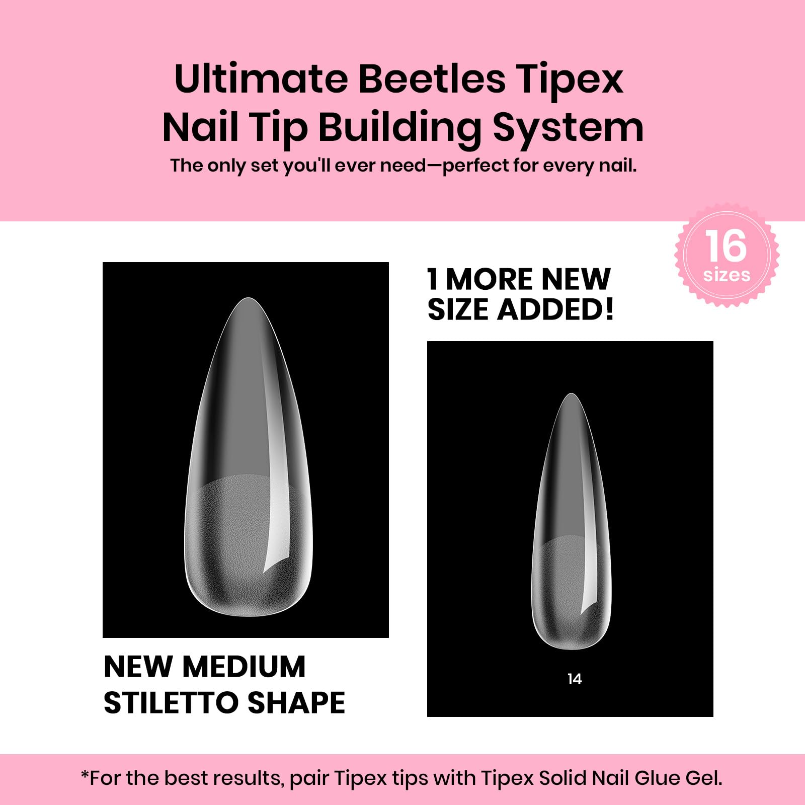 Beetles Tipex Instant Apex Nail Tips - 224Pcs 16 Sizes Medium Stiletto False Nails for Flat Nails | Pre-Built & Pre-Etched Acrylic Nail Extensions with UV Glue | Perfect for Salon, Home Manicure & Nail Art DIY