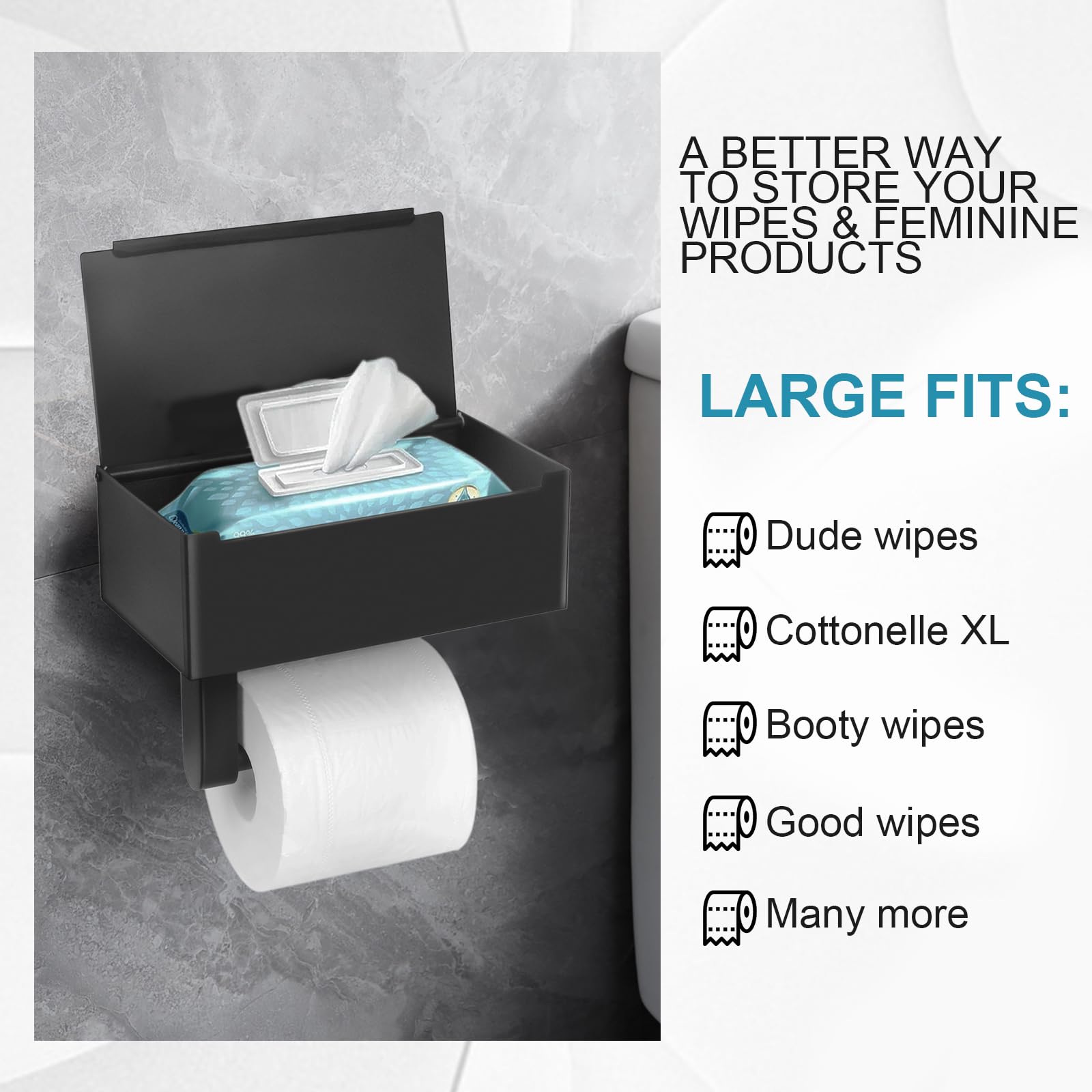 Stainless Steel Wall Mount Toilet Paper Holder with Shelf & Wet Wipes Dispenser - Bathroom Storage Organizer for Hidden Wet Wipes - Black (Larger Size) - Perfect for Modern Bathrooms, Powder Rooms & RV Toilets