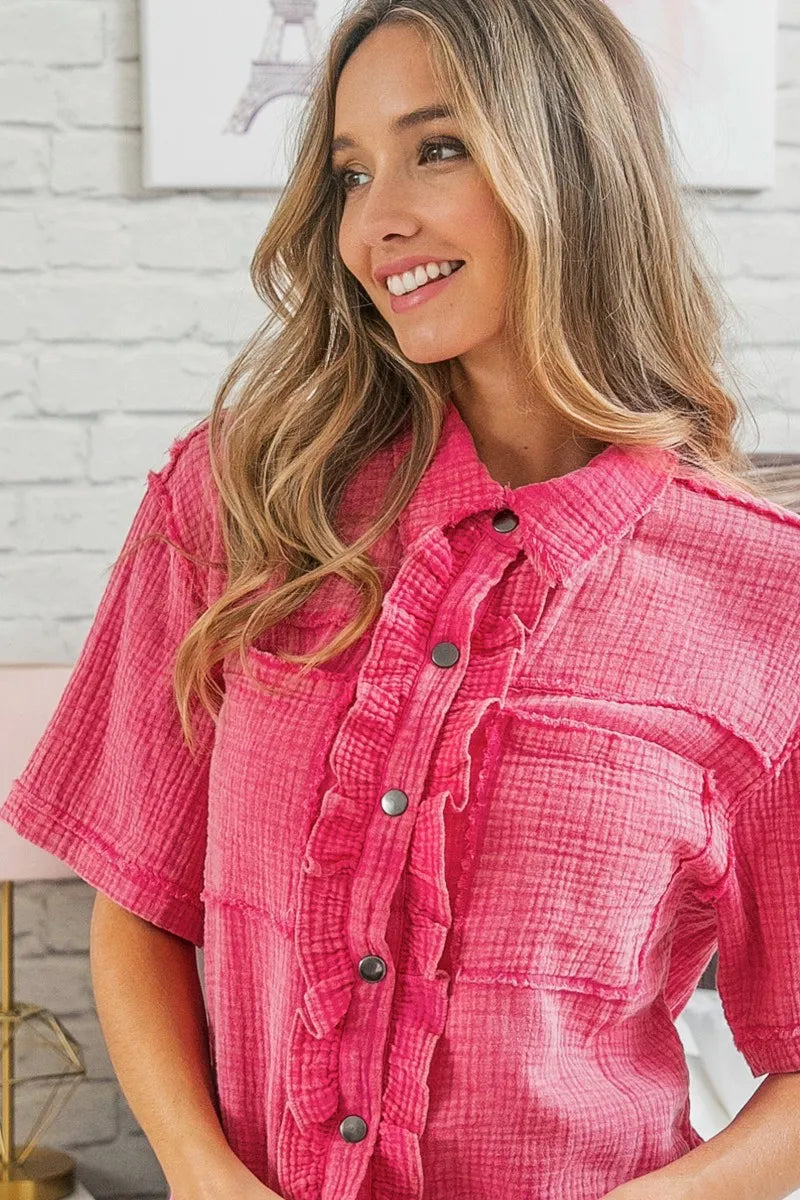 BiBi Mineral Washed Wrinkle Gauze Raw Edge Shirt Top | Women's Boho Chic Blouse | Perfect for Summer Outfits, Beach Cover-ups & Casual Wear