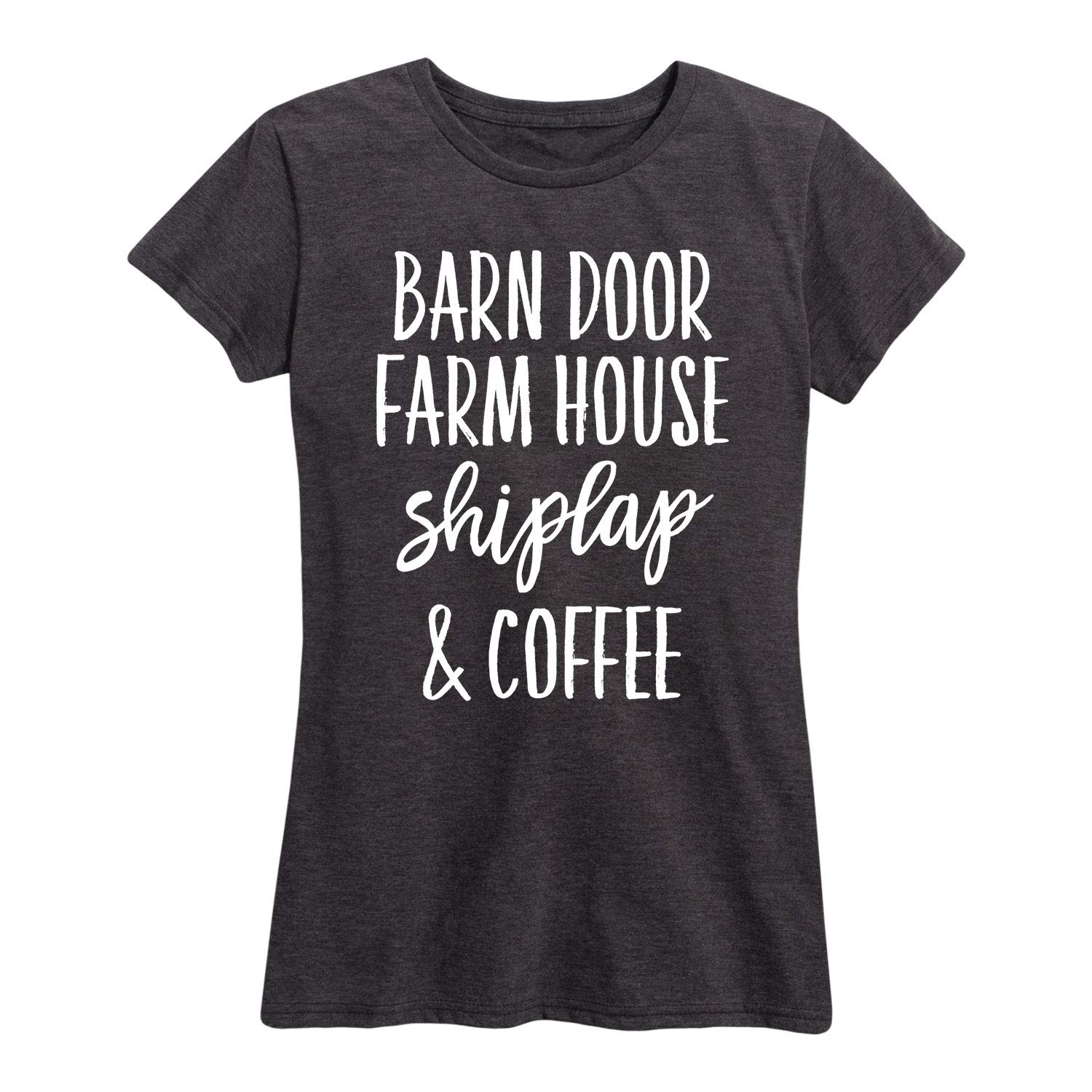 Country Casuals Barn Door Farmhouse Shiplap & Coffee Graphic T-Shirt for Women - Soft Short Sleeve Vintage Tee - Perfect for Casual Outings, Coffee Dates & Farmhouse Style Fashion