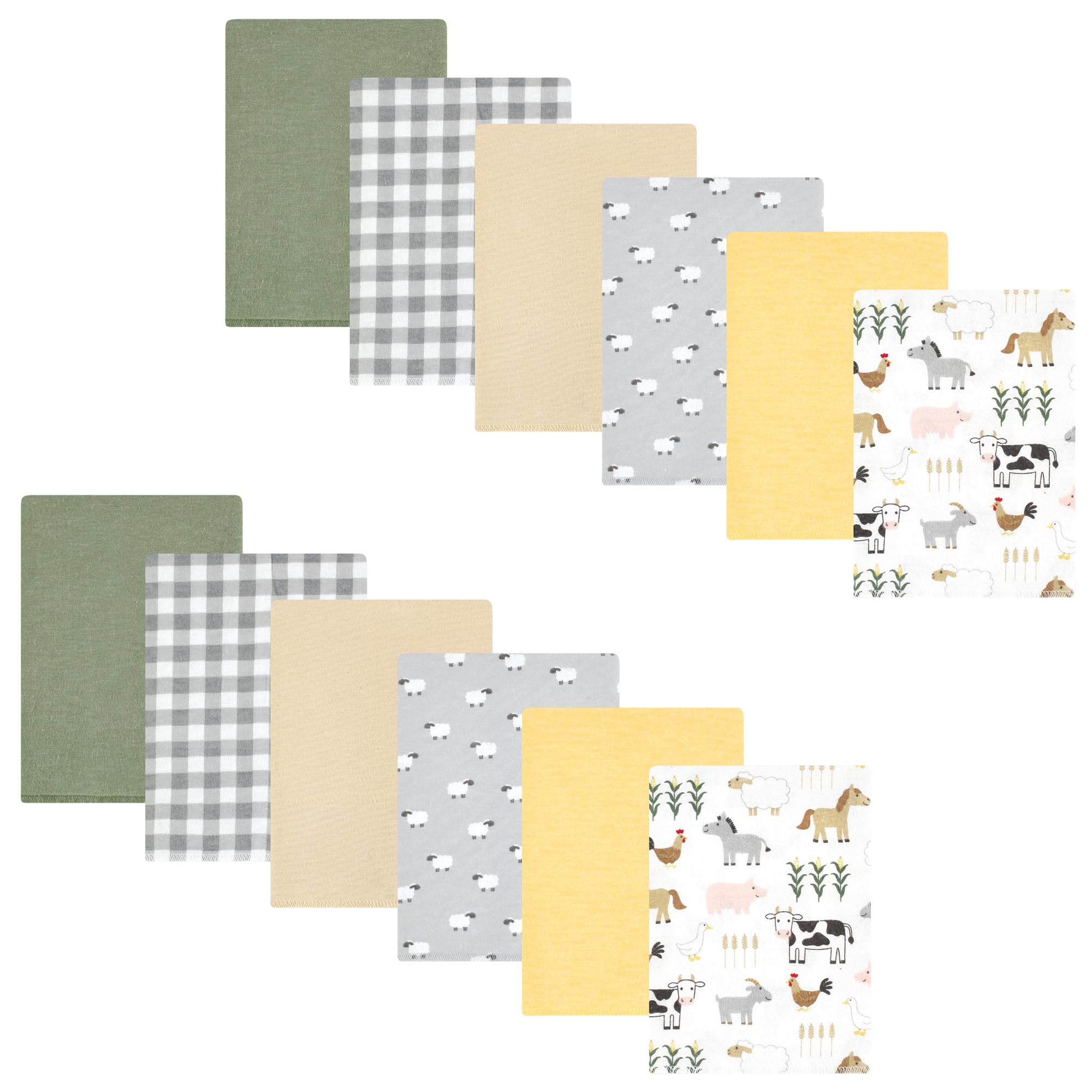 Hudson Baby Unisex Cotton Flannel Burp Cloths 10-Pack - Soft Absorbent Drool Bibs for Newborns & Infants - Cute Farm Animal Print - Perfect for Feeding, Burping & Spit-Up Protection