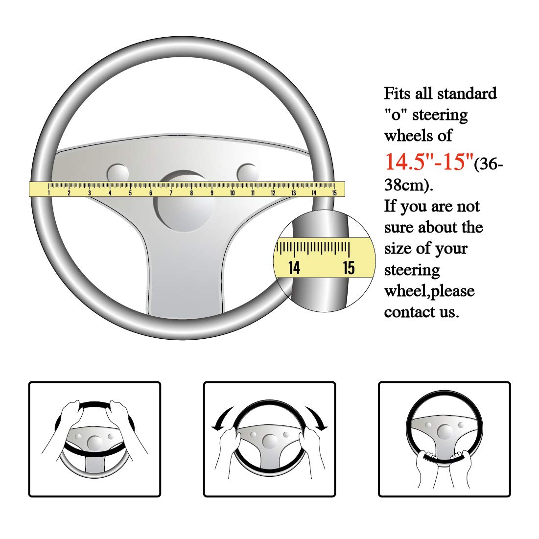 Premium 15 Inch Non-Slip Leather Steering Wheel Cover - Universal Fit for Cars, Trucks & SUVs - Black/Gray Design for Women - Perfect for Commuting, Road Trips & Winter Driving Comfort