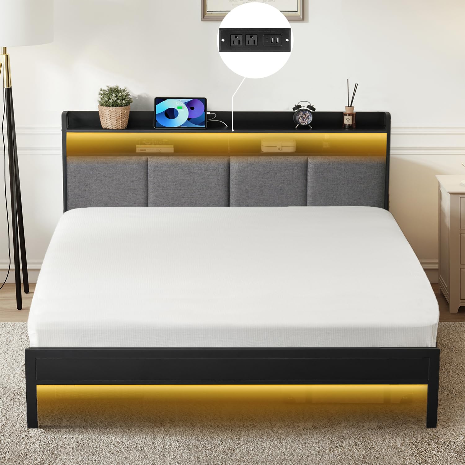 Z-hom Upholstered Twin Bed Frame with LED Headboard - Modern Metal Platform Bed with USB Charging Ports & Storage Shelves, Noise-Free Easy Assembly Bedroom Furniture for Teens, Dorms & Small Spaces