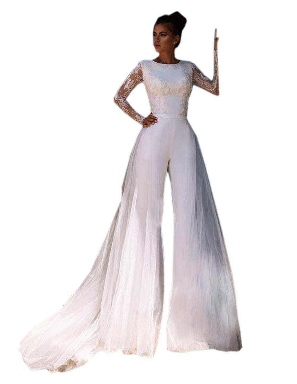 Boho Beach Wedding Dress with Detachable Train - Long Sleeve Lace Jumpsuit for Bohemian Brides, Beach Ceremonies & Modest Occasions
