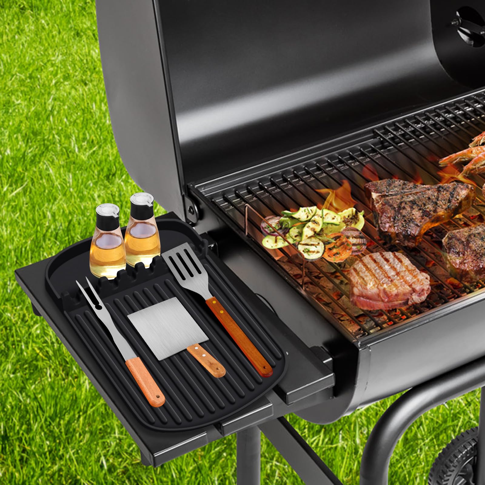 16.9 x 11.8 Inch Heat-Resistant Silicone Griddle Mat for Blackstone Grill - Spatula Holder with Drip Tray, Non-Slip BBQ Utensil Organizer - Perfect for Outdoor Cooking, Camping & Backyard BBQs