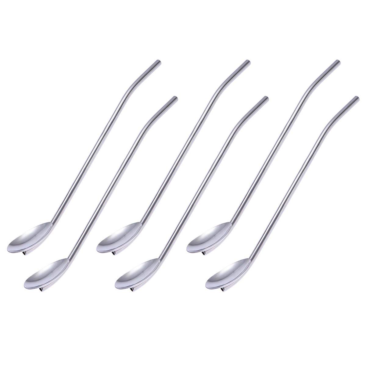 6-Pack Stainless Steel Reusable Drinking Straws & Cocktail Spoons Set - Oval Shape Metal Straws for Smoothies, Iced Coffee & Cocktails (Primary Color) | Eco-Friendly Barware by Cabilock