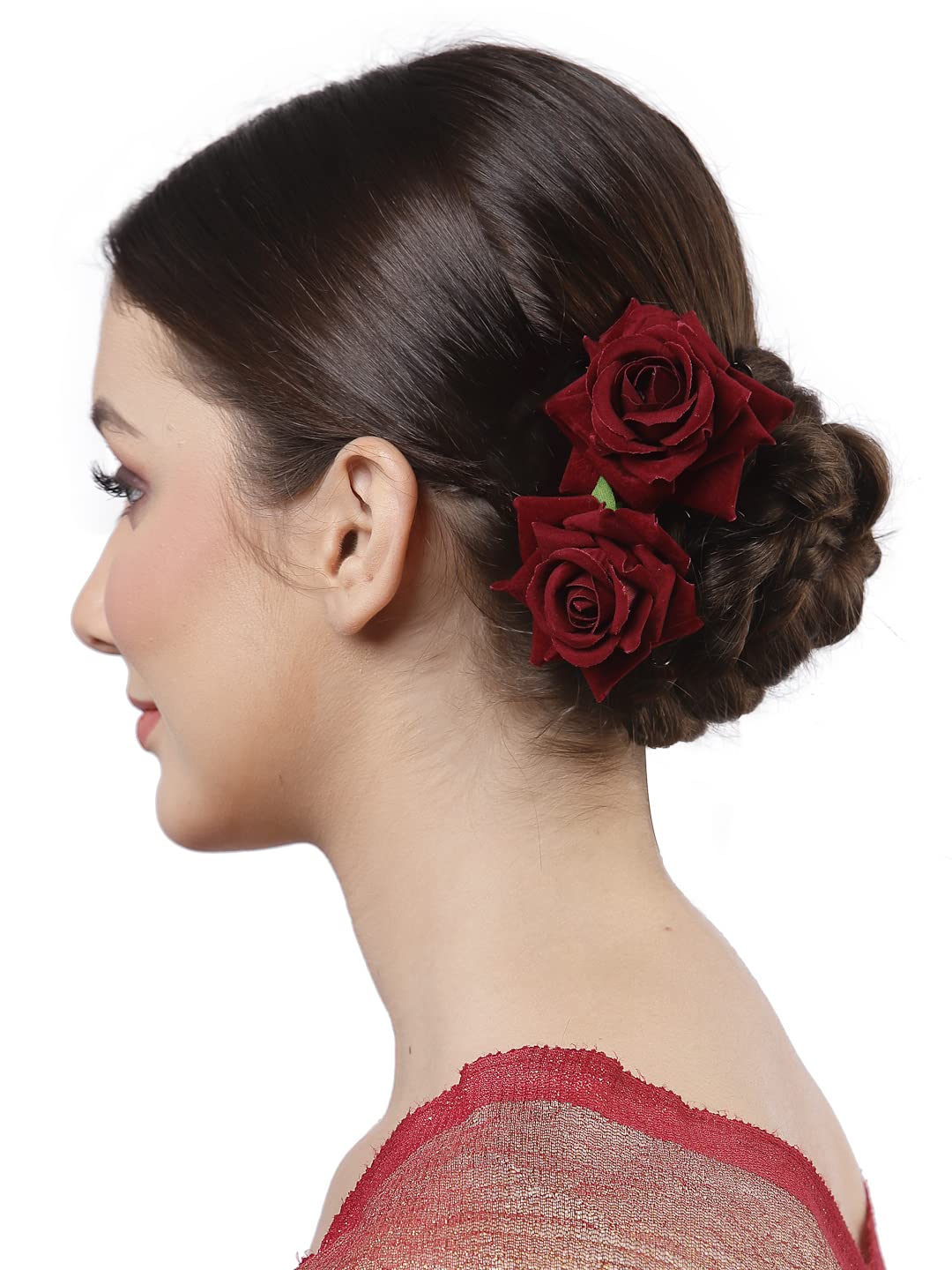 Vogue Rose Flower Bun Maker Hair Pins - 4pcs Maroon & Off-White for Bridal & Party Hairstyles