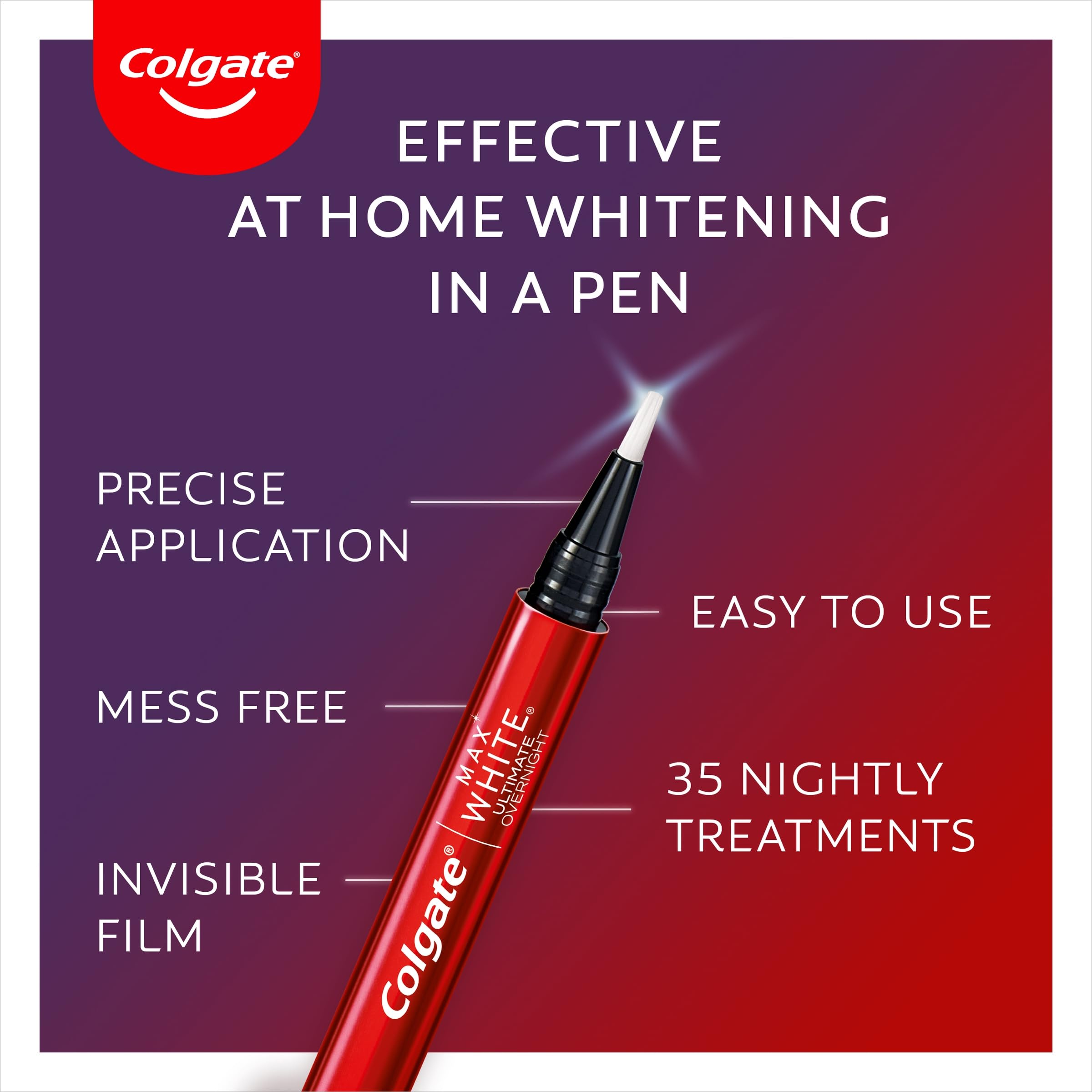 Colgate Max White Ultimate Overnight Teeth Whitening Pen - 2.5ml (1 Pack, 35 Nightly Treatments) for Removing 15 Years of Stains | Perfect for Travel & Nighttime Teeth Whitening Routine