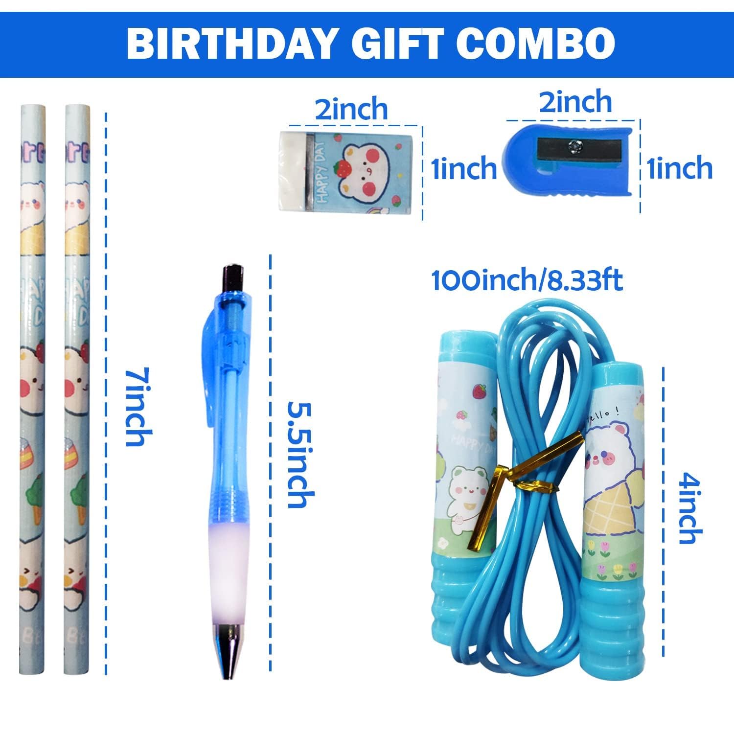WingsCreations Kids Birthday Return Gifts - 6 Piece Blue Stationery Set with Pen, Pencil, Sharpener, Eraser & Jump Rope | Perfect for School Supplies, Party Favors & Children's Gift Ideas