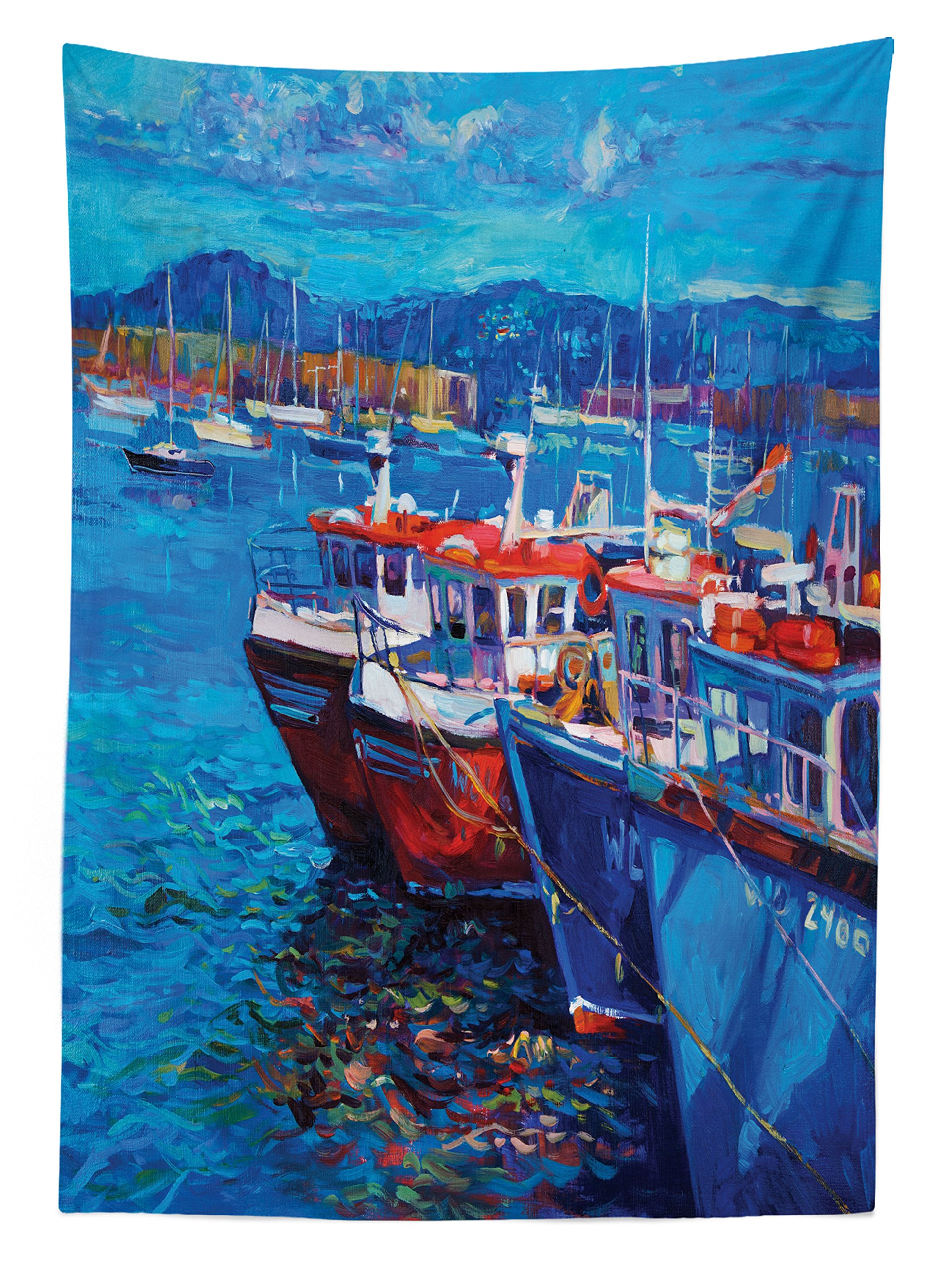 Ambesonne Waterproof Outdoor Tablecloth - Sailboat & Harbor Coastal Design, 58x120 Inch Washable Picnic Table Cover for Beach Parties, Backyard BBQs & Camping - Navy Red Fishing Village Art Decor