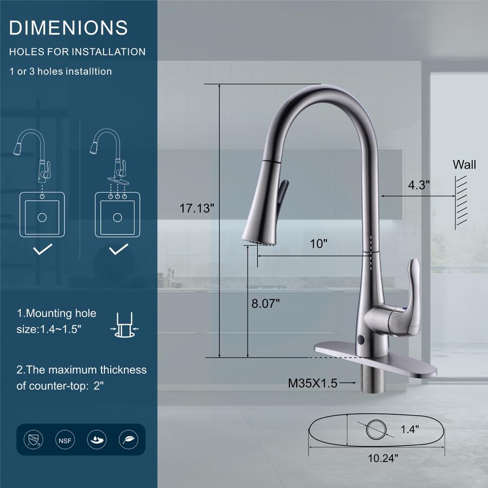 GEOATON Touchless Kitchen Faucet with Dual Motion Sensor, Pull Down Sprayer, Healthy Material, Easy DIY Install in Brushed Nickel for Modern and Hygienic Kitchens