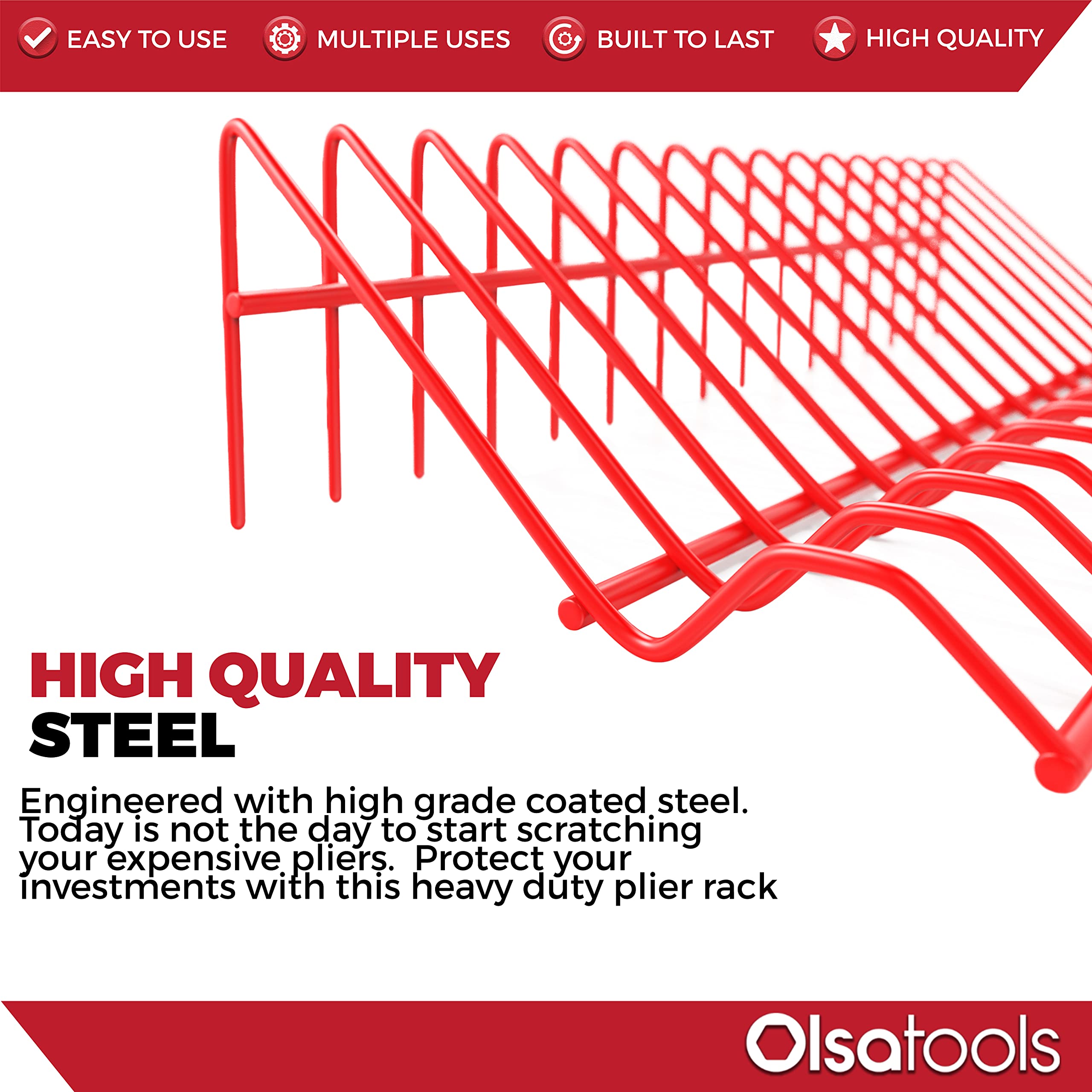 Olsa Tools Plier Rack - Heavy Duty Pliers Organizer for Toolbox Drawer Storage (Red) | Holds 16 Pliers | Professional Grade Tool Holder for Workshop, Garage & DIY Projects