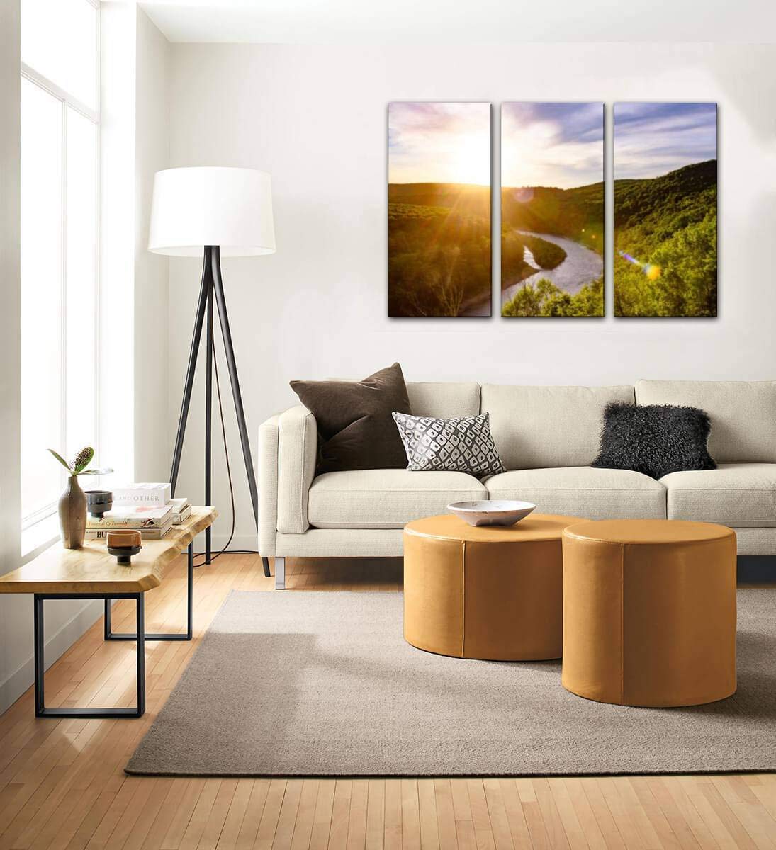 Delaware River Catskills Landscape Canvas Wall Art - 3 Panel New York Scenic Painting for Living Room & Bedroom Decor - Perfect for Home, Office & Airbnb Interior Design