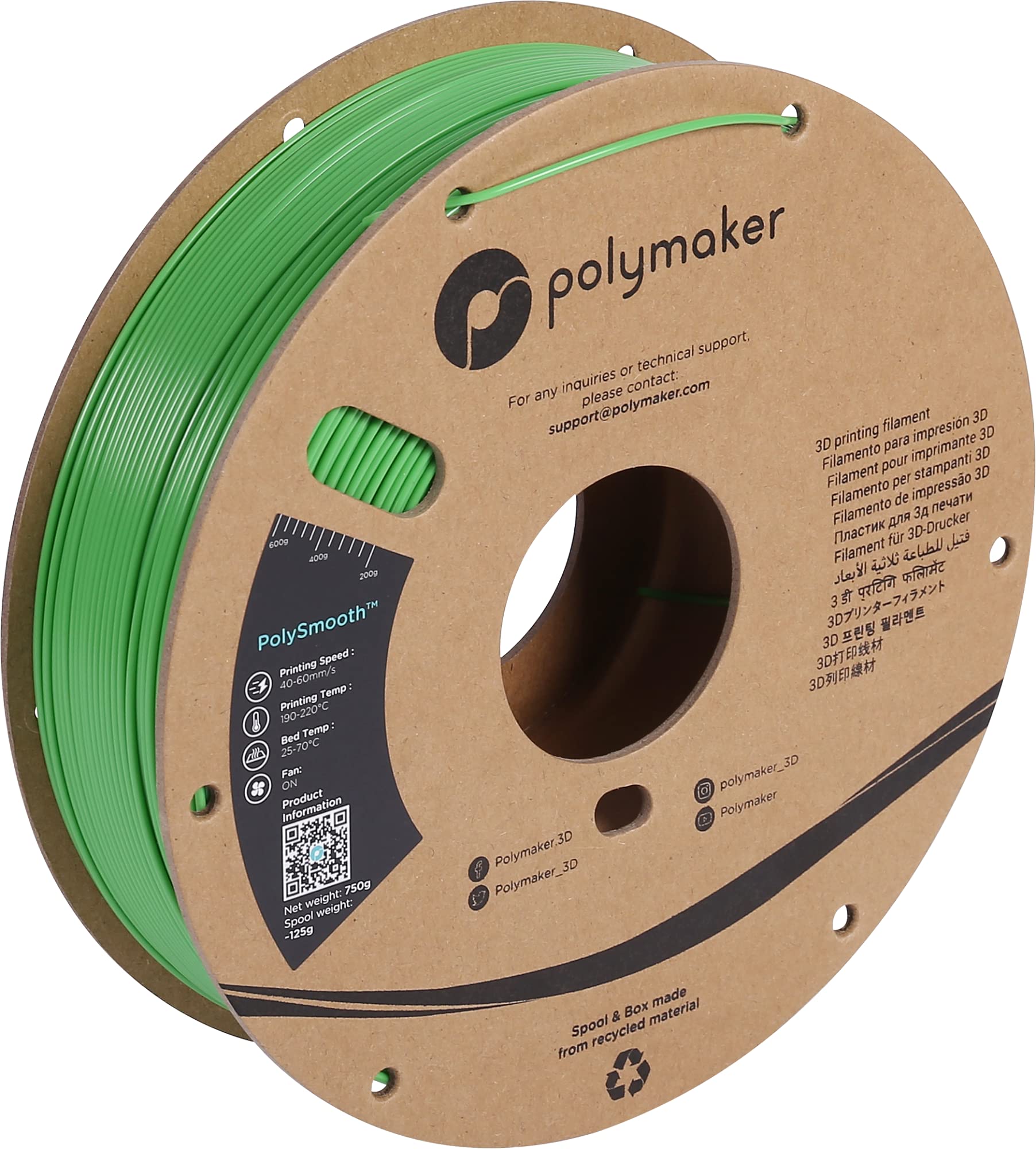 Polymaker PolySmooth PVB 3D Printer Filament 1.75mm - 750g Green Filament Spool | Easy Smoothing with IPA Alcohol | Compatible with Polysher | Perfect for Miniatures, Cosplay Props & Functional Prototypes