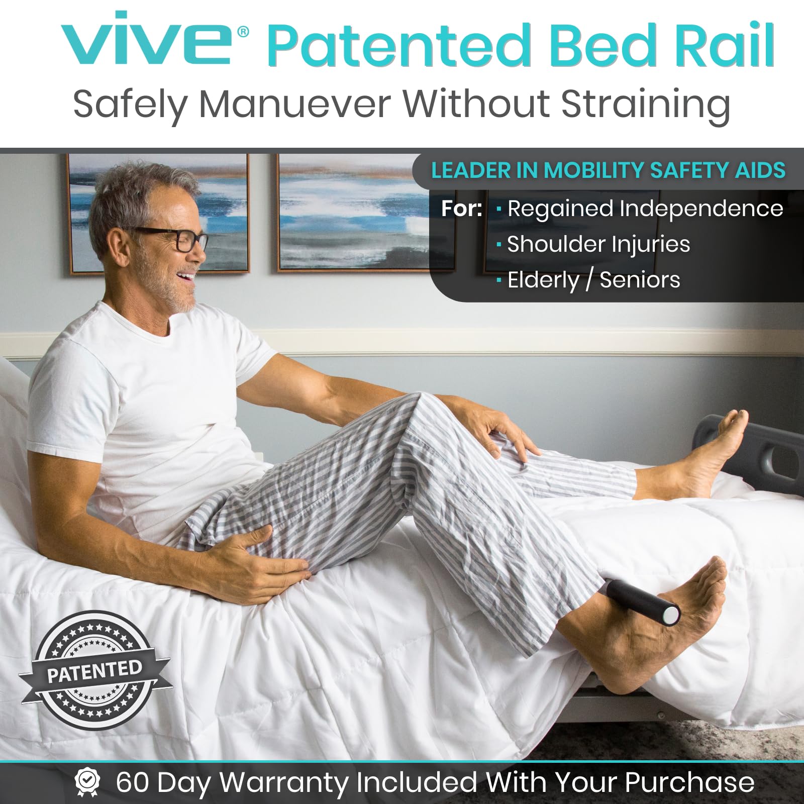 Vive Foot Assist Bed Rail for Elderly Adults - Adjustable Bed Cane & Safety Handle for Seniors - Bed Ladder Pull Up Alternative - Mobility Aid for Getting Out of Bed - Shoulder Injury Recovery Support - Sturdy Bedside Assist Bar for Sitting Up - Ideal for Home Care, Post-Surgery & Elderly Independence