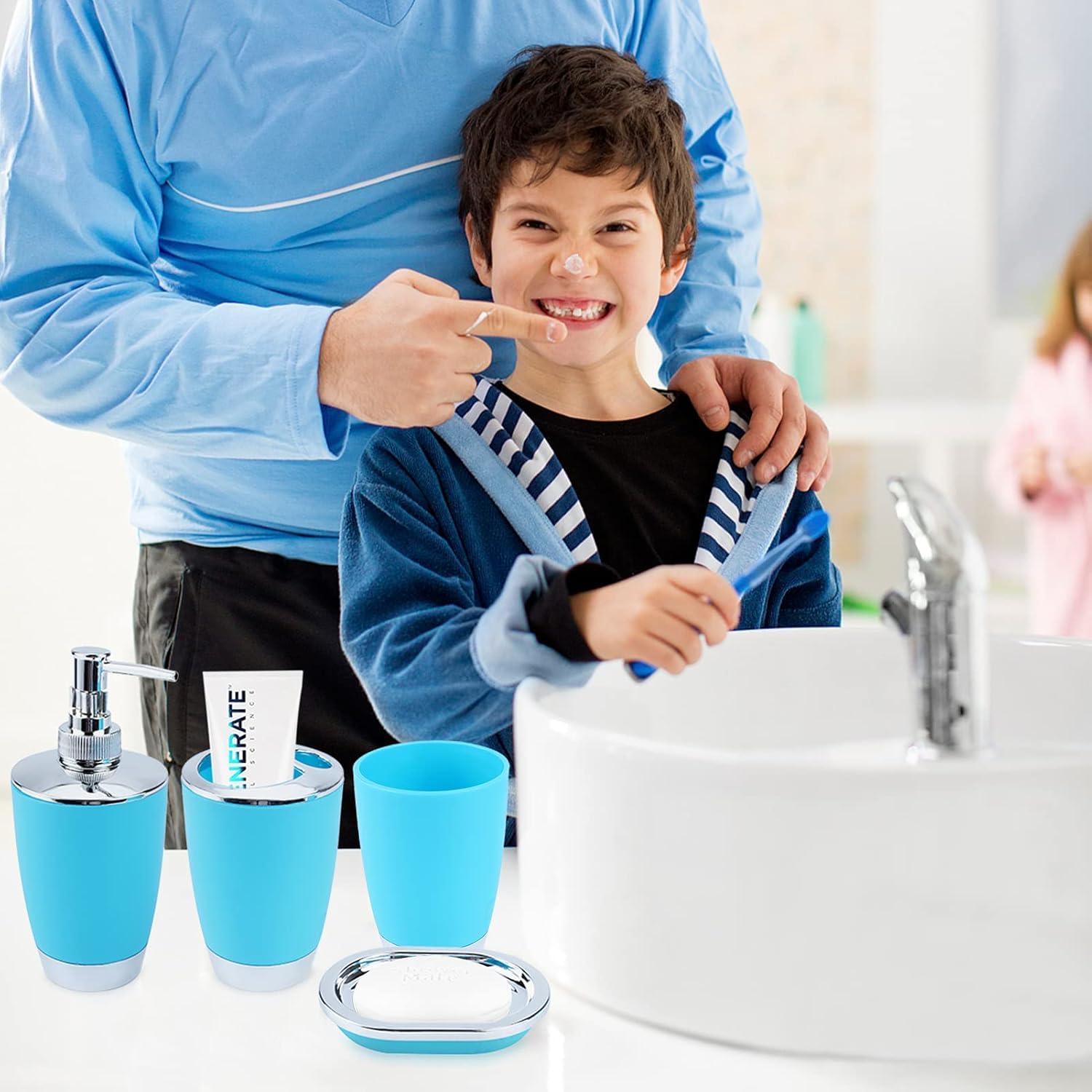 6-Piece Blue Plastic Bathroom Accessories Set - Includes Soap Dispenser, Toothbrush Holder, Trash Can, Soap Dish, Toothbrush Cup & Lotion Bottles - Perfect for Bathroom Organization & Home Decor