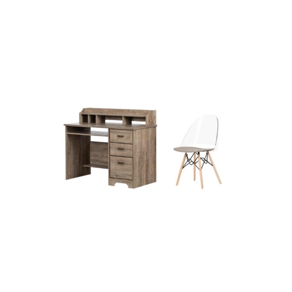 South Shore Versa Weathered Oak Desk with Gray Eiffel Style Chair - Modern Home Office Furniture Set for Small Spaces | Study Desk & Chair Combo for Students & Professionals
