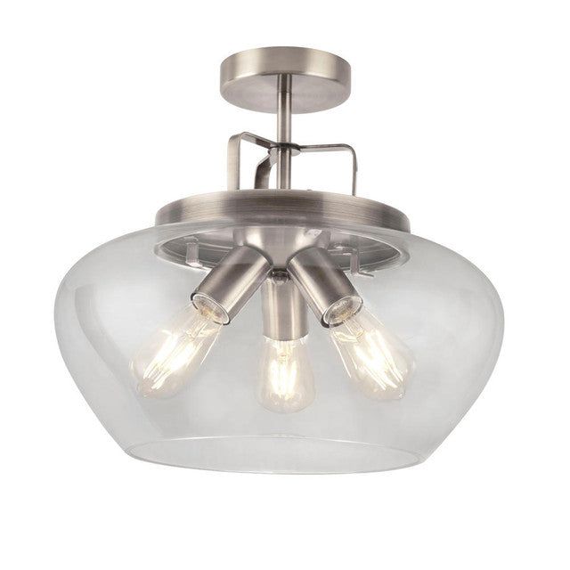 3-Light Bronze and Satin Silver Semi-Flush Mount Ceiling Fixture with Clear Glass Shades - Perfect for Dining Room, Bedroom, or Hallway Lighting